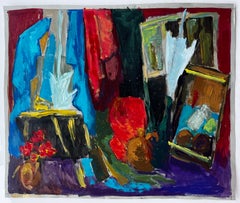 Nature morte moderne à l'huile colorée avec tissus, bouteilles et cadres photo