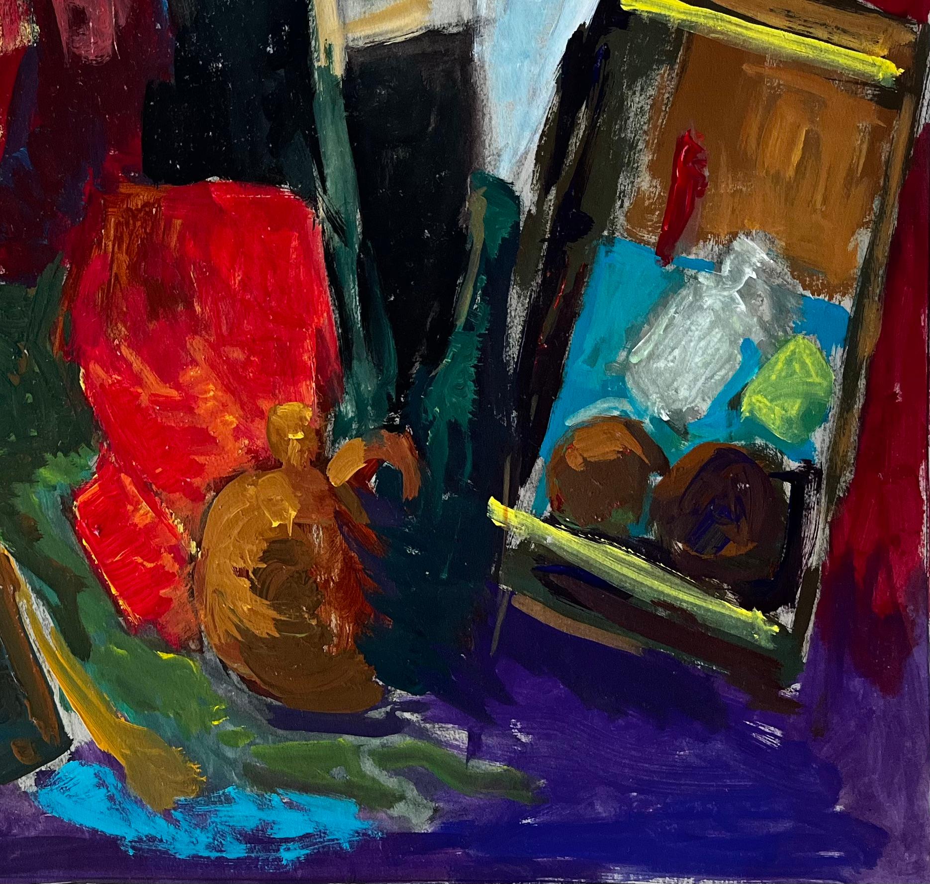 French Modern Oil Colourful Still Life with Fabrics Bottles and Picture Frames - Black Abstract Painting by Guy Nicod