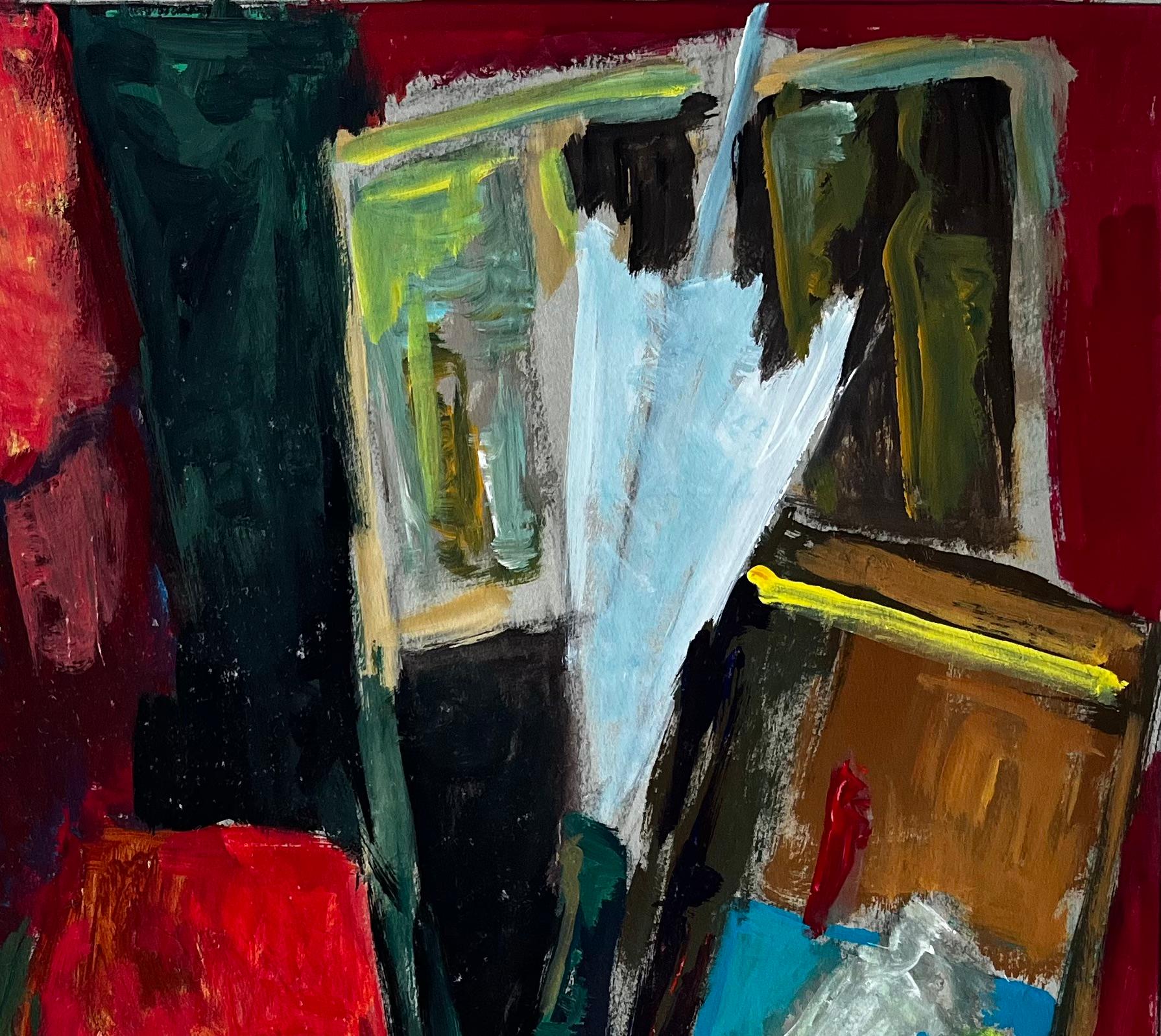 Title: French Modern Oil Colourful Still Life with Fabrics Bottles and Picture Frames
Guy Nicod (French 1923 - 2021) 
Oil on artist paper, unframed
Size: 19 x 22.5 inches (height x width)
Provenance: Artists estate, France
Condition: good overall;