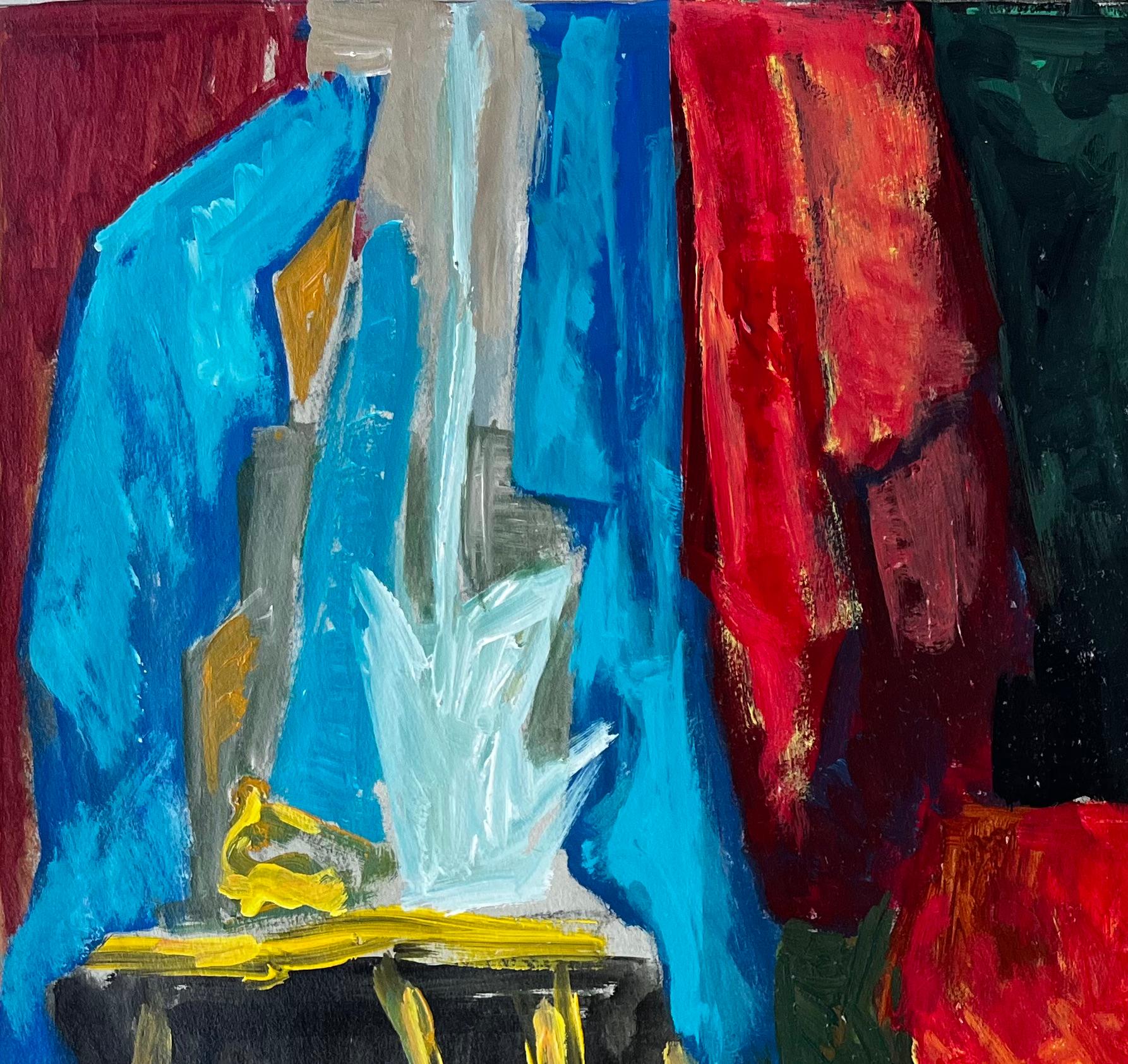 French Modern Oil Colourful Still Life with Fabrics Bottles and Picture Frames For Sale 1