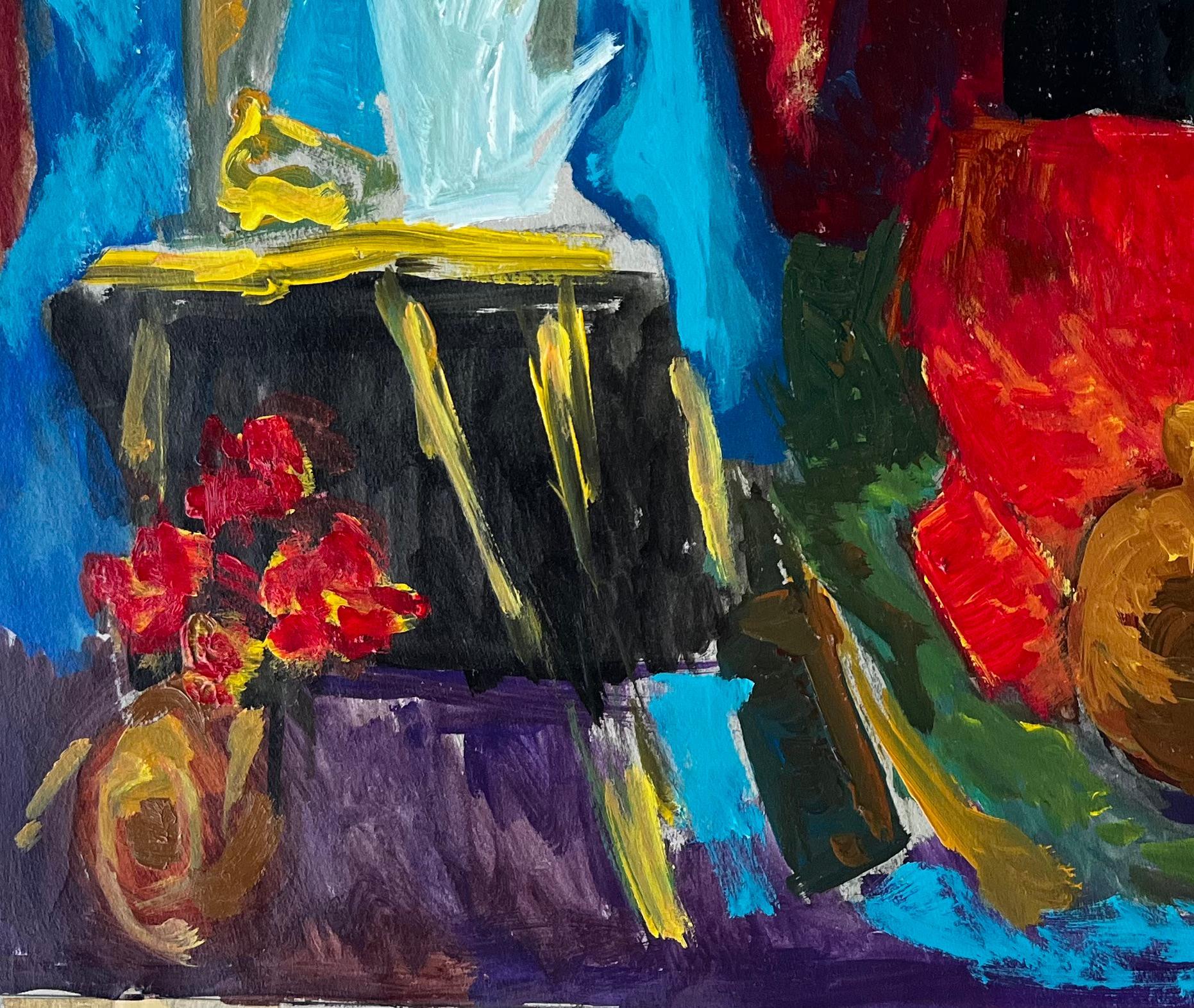 French Modern Oil Colourful Still Life with Fabrics Bottles and Picture Frames For Sale 2
