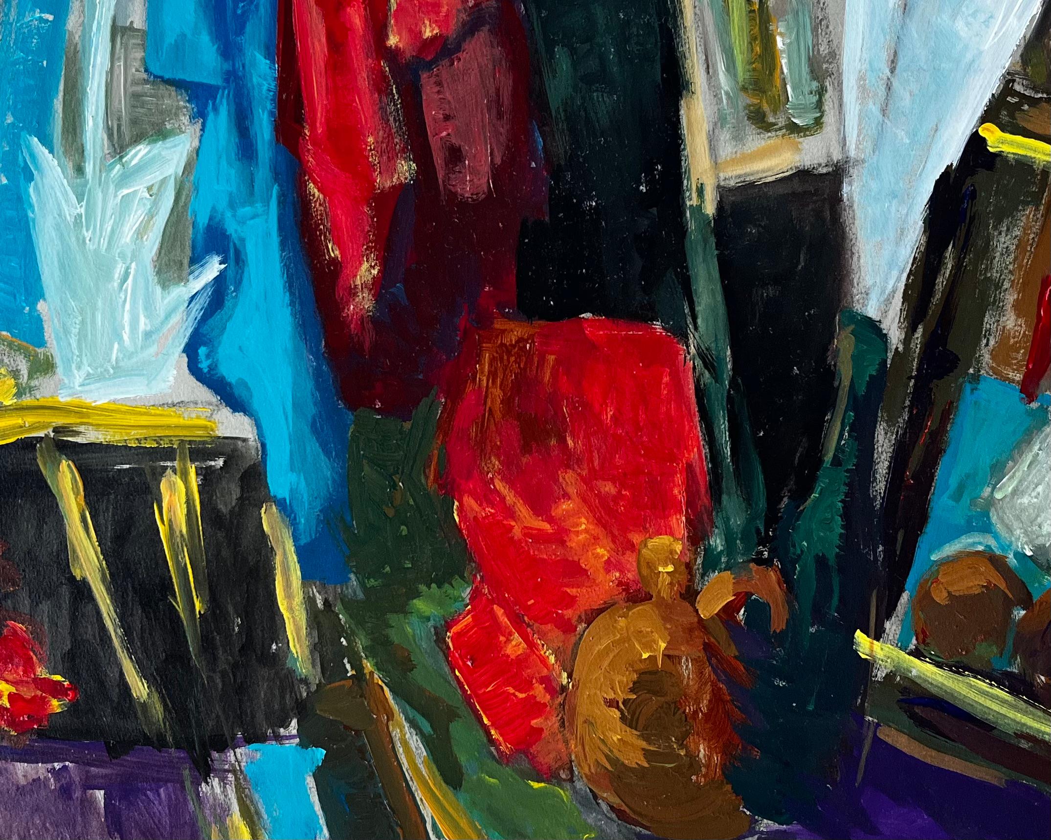 French Modern Oil Colourful Still Life with Fabrics Bottles and Picture Frames For Sale 3