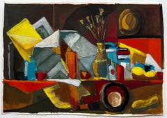 Nature morte abstraite moderniste française avec bouteilles, fruits et formes jaunes