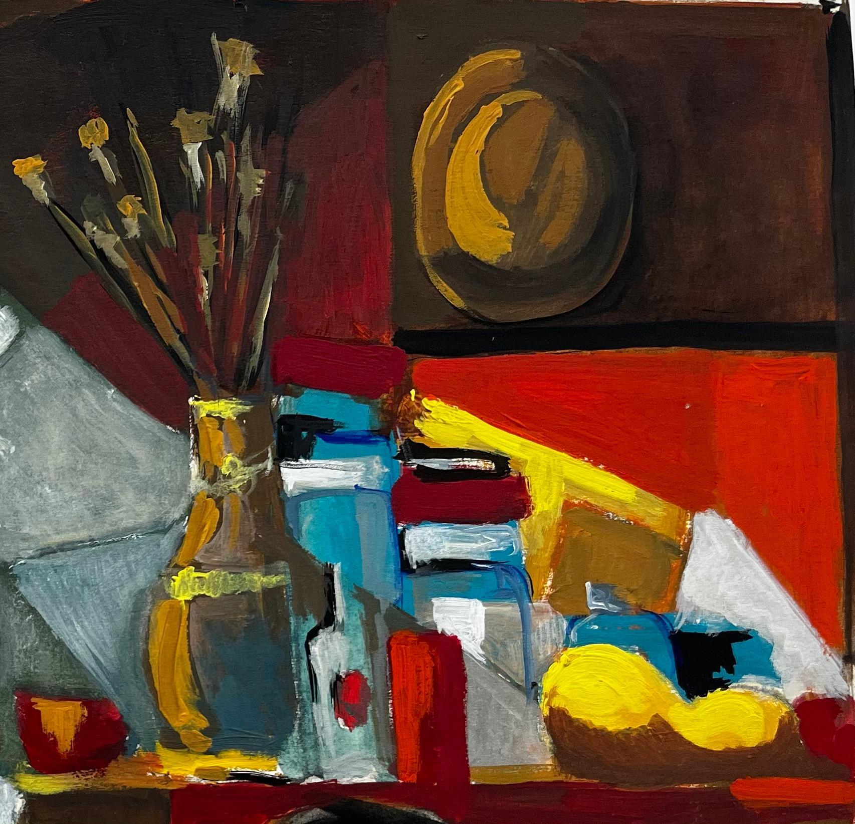 French Modernist Abstract Still Life with Bottles Fruit and Yellow Shapes - Black Still-Life Painting by Guy Nicod