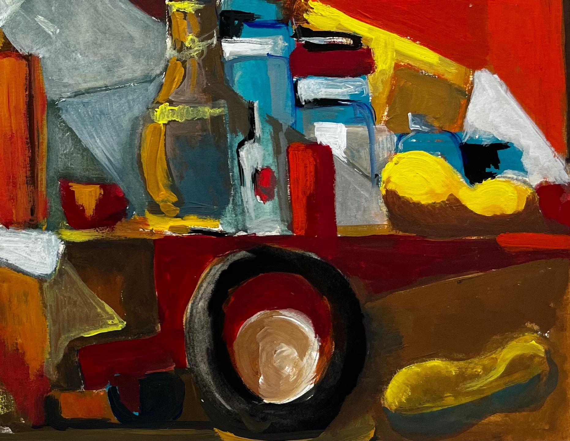 Title: French Modernist Abstract Still Life with Bottles Fruit and Yellow Shapes
Guy Nicod (French 1923 - 2021) 
Gouache on artist paper, unframed
Size: 15.5 x 22.25 inches (height x width)
Provenance: Artists estate, France
Condition: Good overall