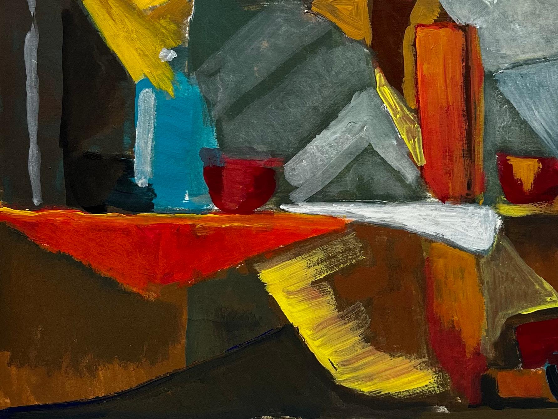 French Modernist Abstract Still Life with Bottles Fruit and Yellow Shapes For Sale 1