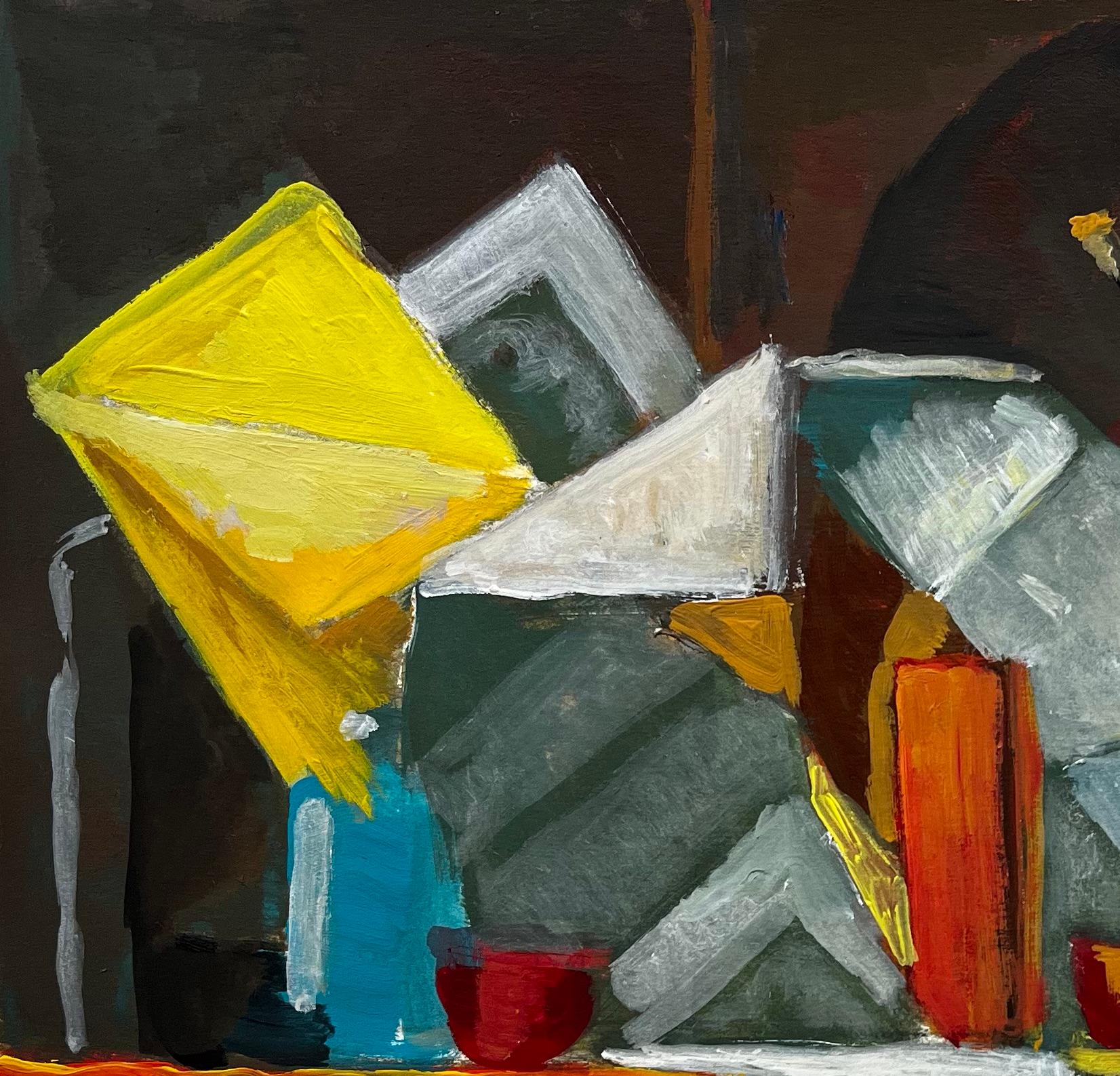 French Modernist Abstract Still Life with Bottles Fruit and Yellow Shapes For Sale 2