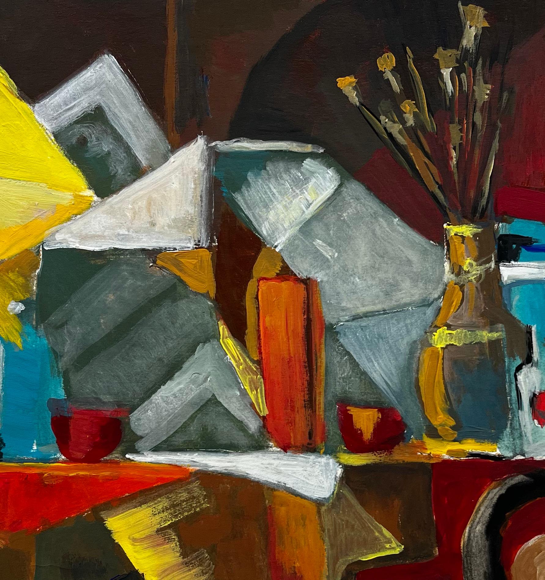 French Modernist Abstract Still Life with Bottles Fruit and Yellow Shapes For Sale 3