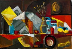 French Modernist Abstract Still Life with Bottles Fruit and Yellow Shapes