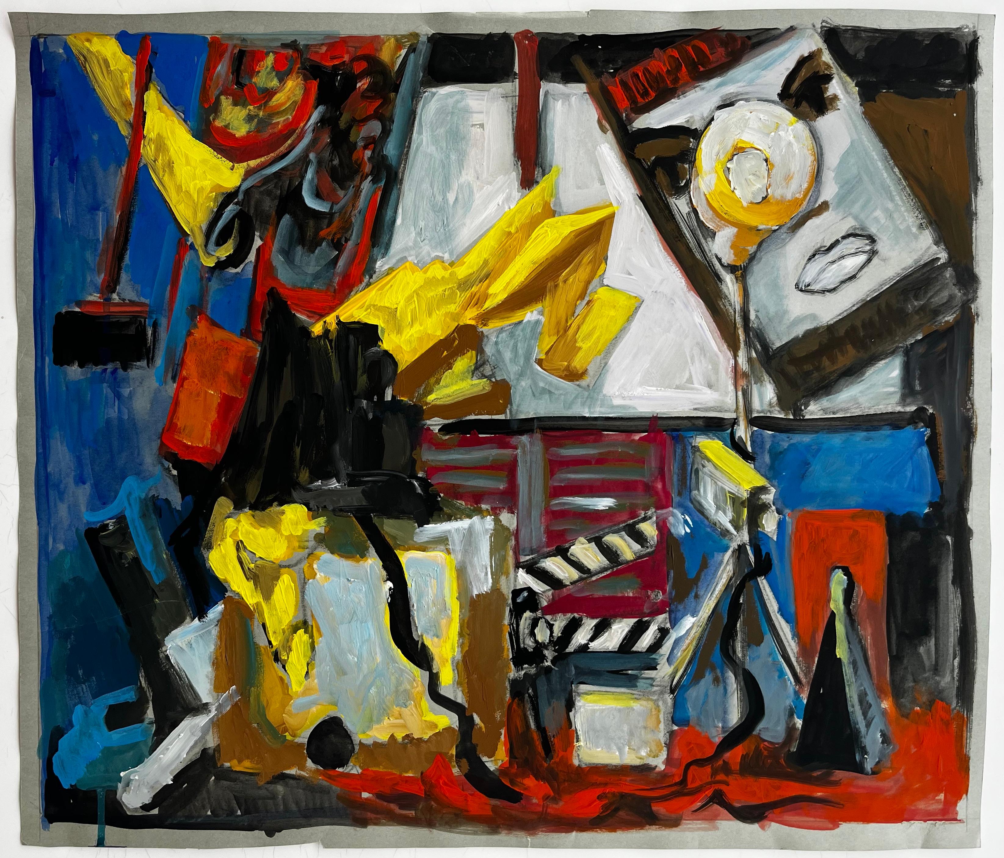 French Modernist Abstract Studio Still Life with Lamp Tripod and Clapperboard - Painting by Guy Nicod