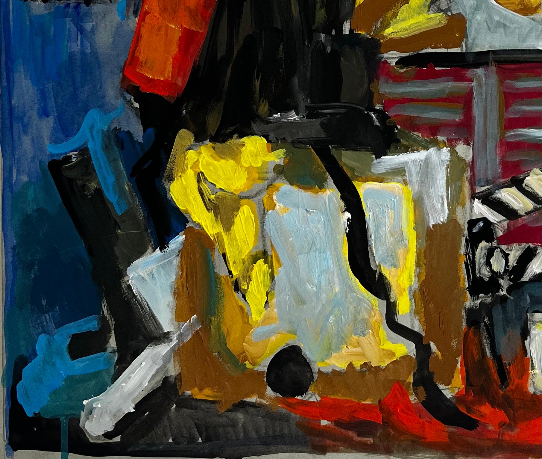 Title: French Modernist Abstract Studio Still Life with Lamp Tripod and Clapperboard
Guy Nicod (French 1923 - 2021) 
Gouache on artist paper, unframed
Size: 19.25 x 22.5 inches (height x width)
Provenance: Artists estate, France
Condition: good