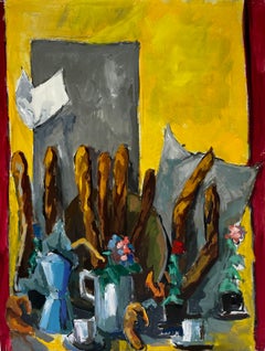 French Modernist Breakfast Still Life with Baguettes Coffee Pot Flowers and Cups