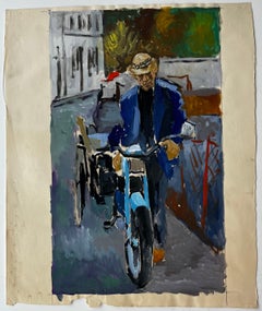 French Modernist Portrait of a Man with Blue Motorcycle Street Scene