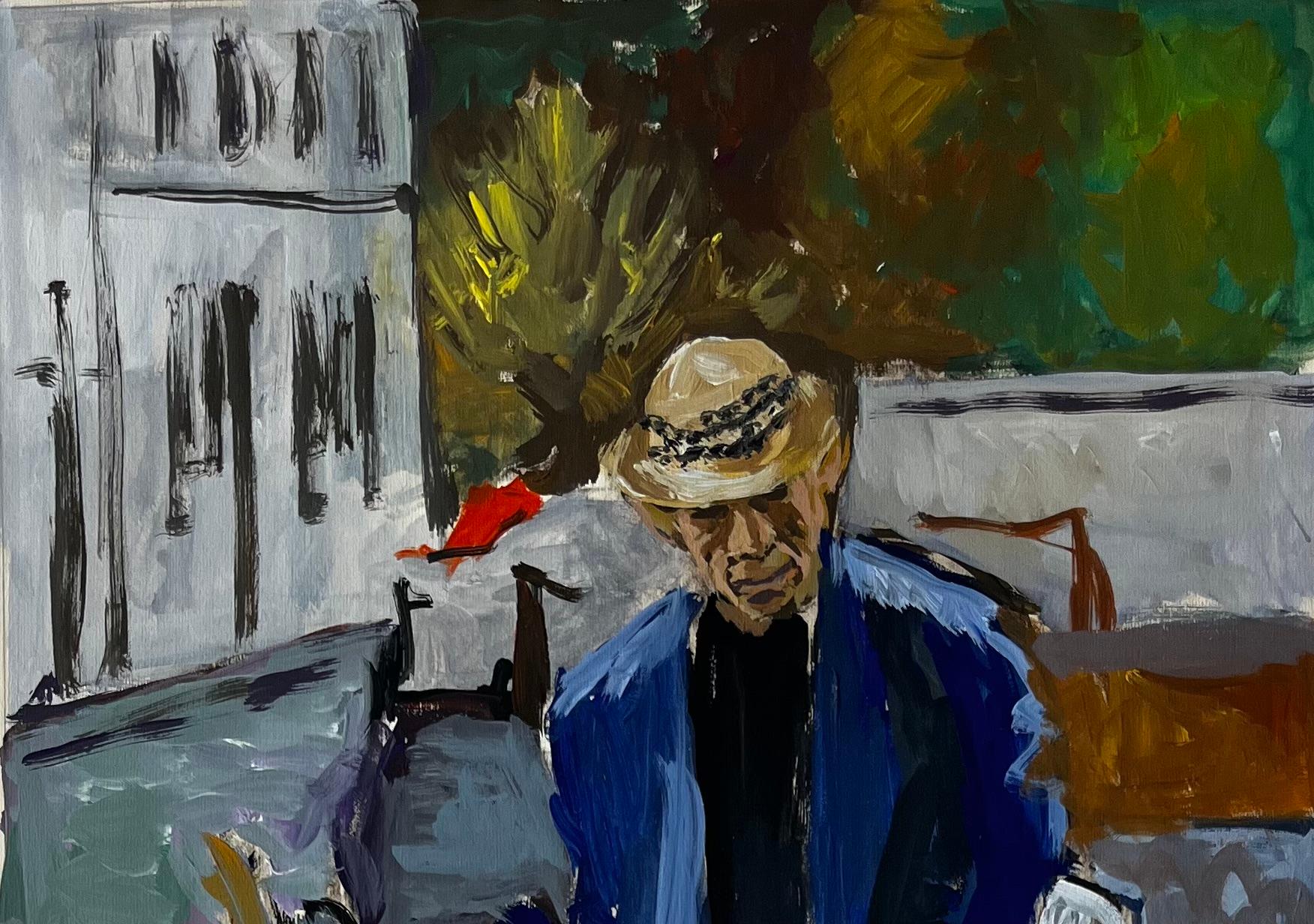 Französischer Modernist Porträt eines Mannes mit blauem Motorrad Straßenszene (Moderne), Painting, von Guy Nicod