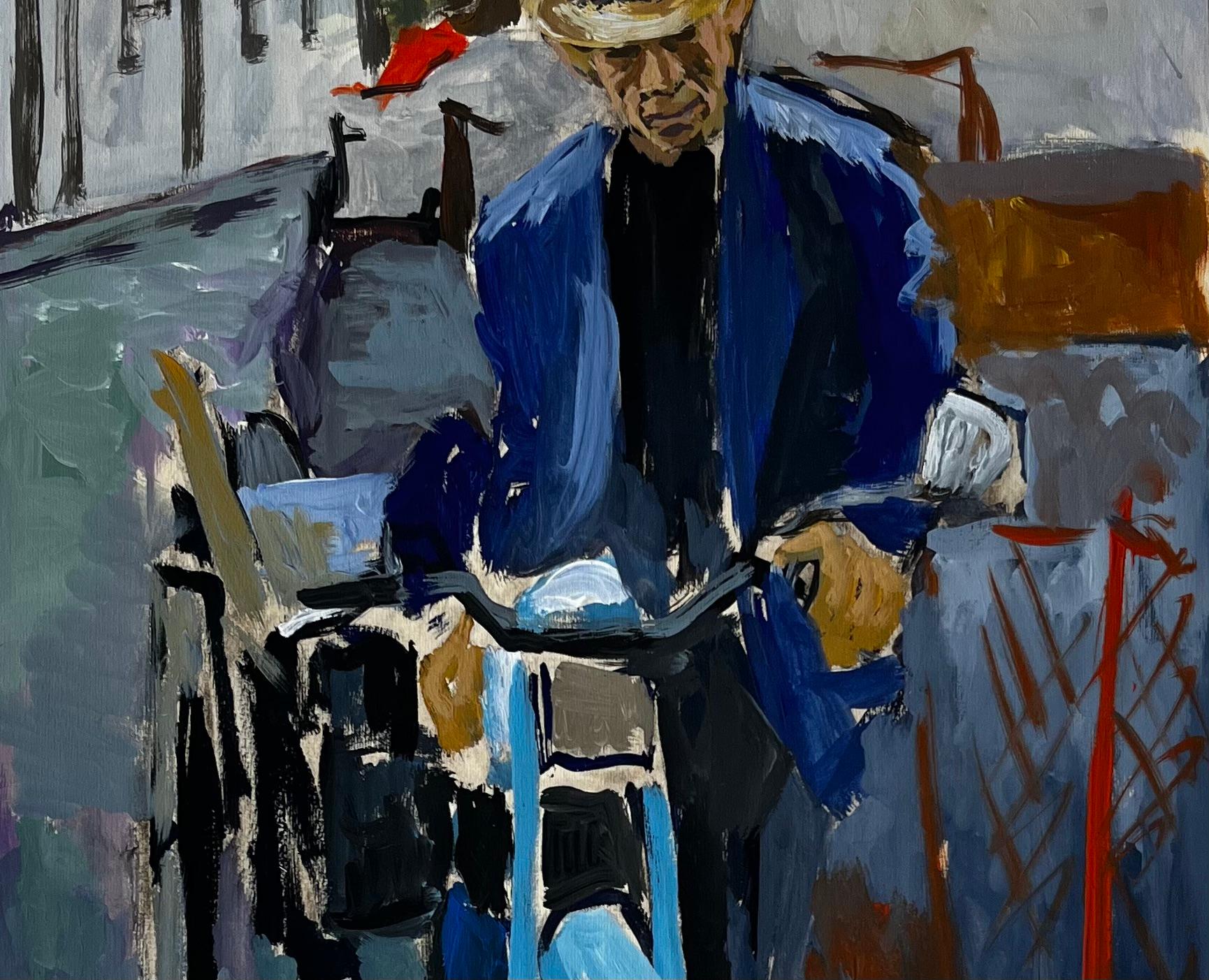 Französischer Modernist Porträt eines Mannes mit blauem Motorrad Straßenszene (Schwarz), Still-Life Painting, von Guy Nicod