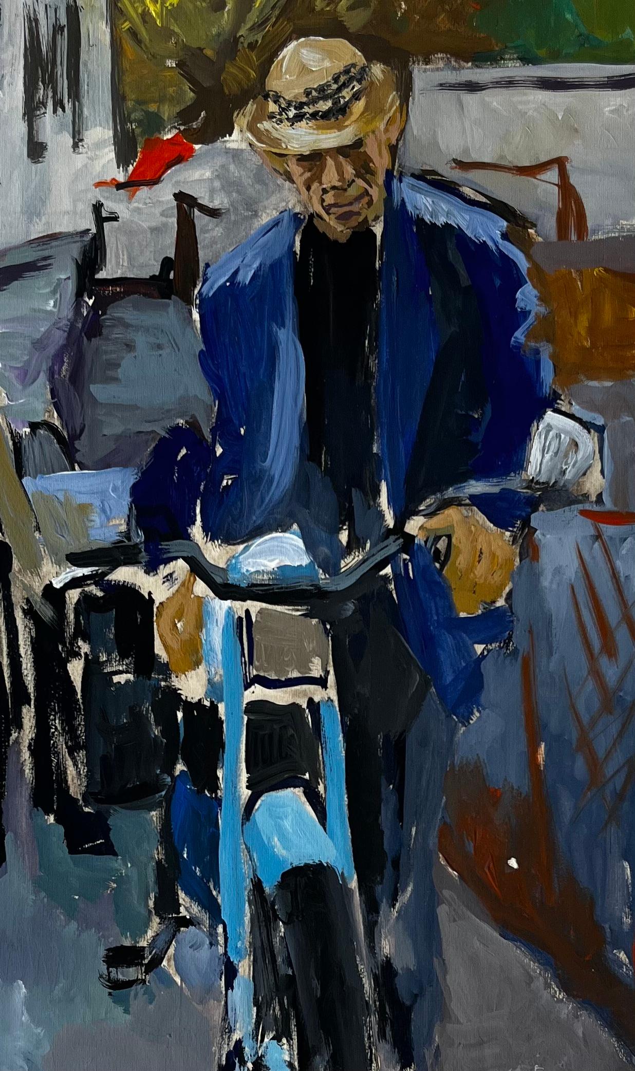 Französischer Modernist Porträt eines Mannes mit blauem Motorrad Straßenszene im Angebot 2