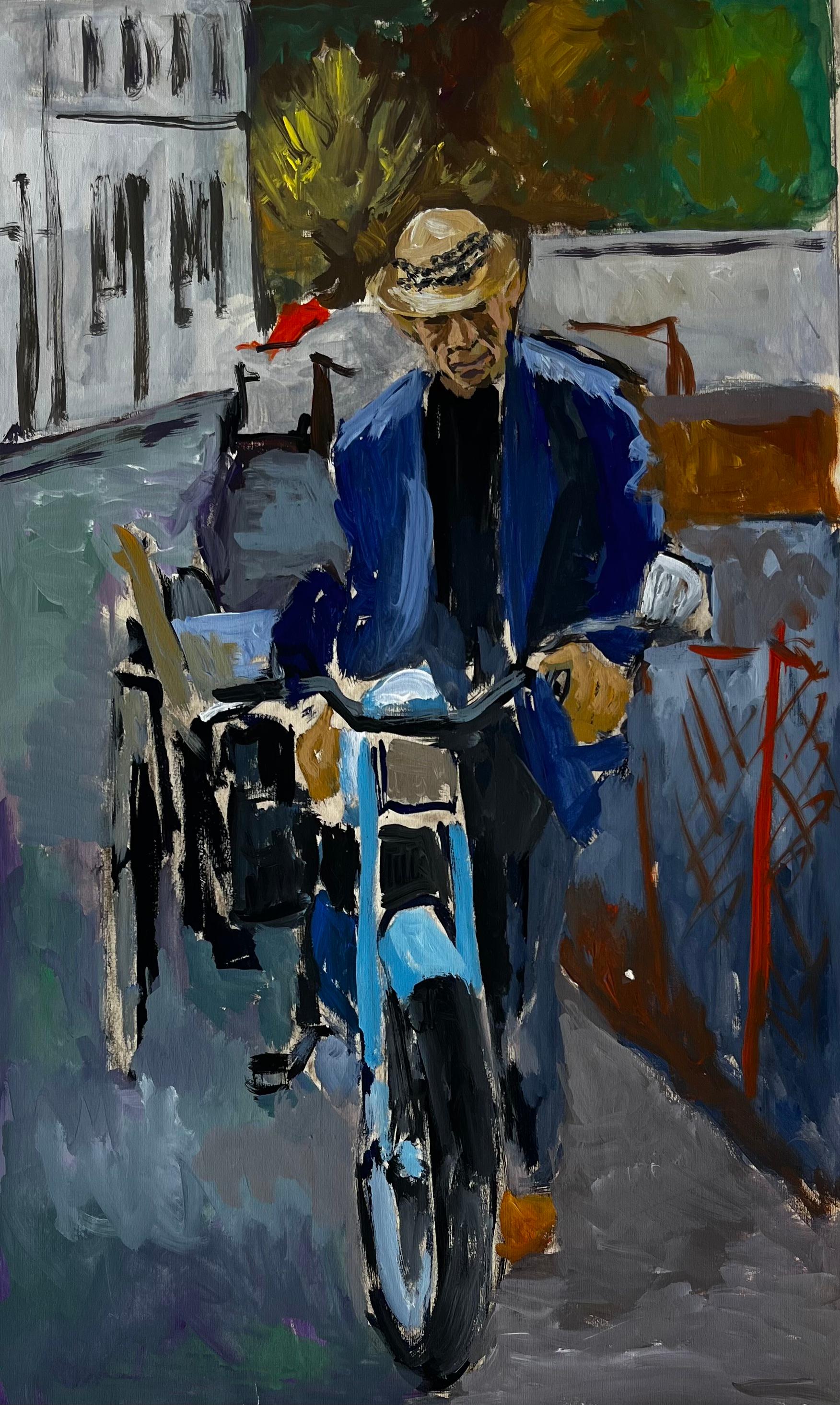 Guy Nicod Still-Life Painting – Französischer Modernist Porträt eines Mannes mit blauem Motorrad Straßenszene