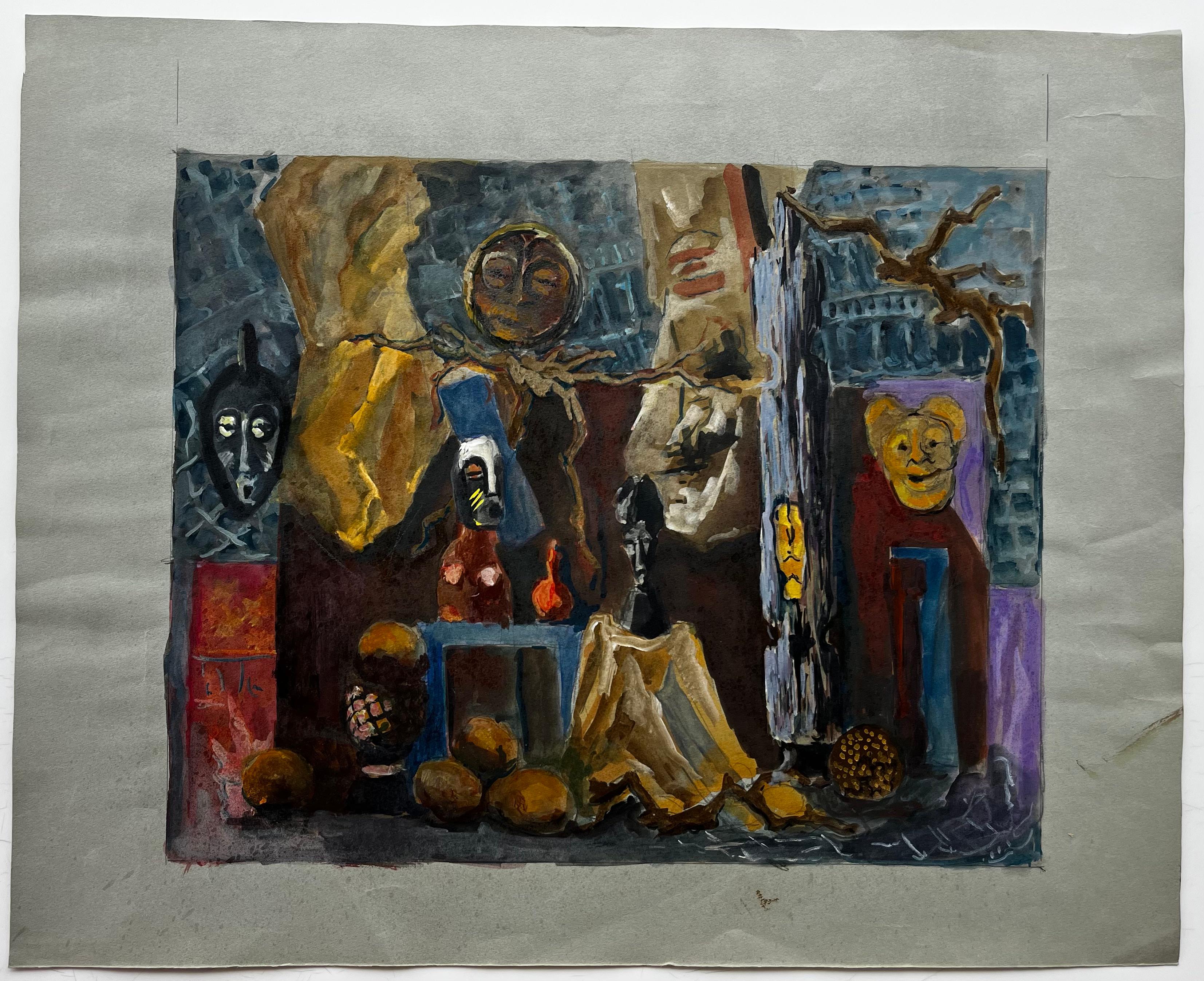 Nature morte moderniste française avec masques africains et formes sculpturales - Painting de Guy Nicod