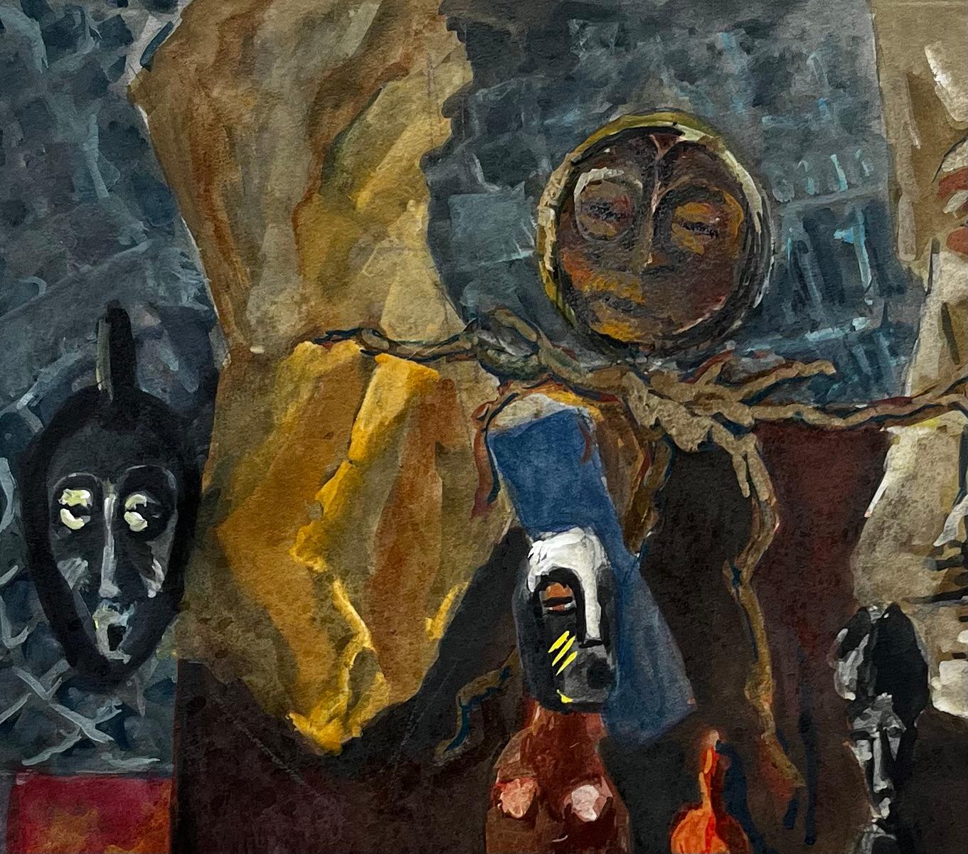 Nature morte moderniste française avec masques africains et formes sculpturales - Moderne Painting par Guy Nicod