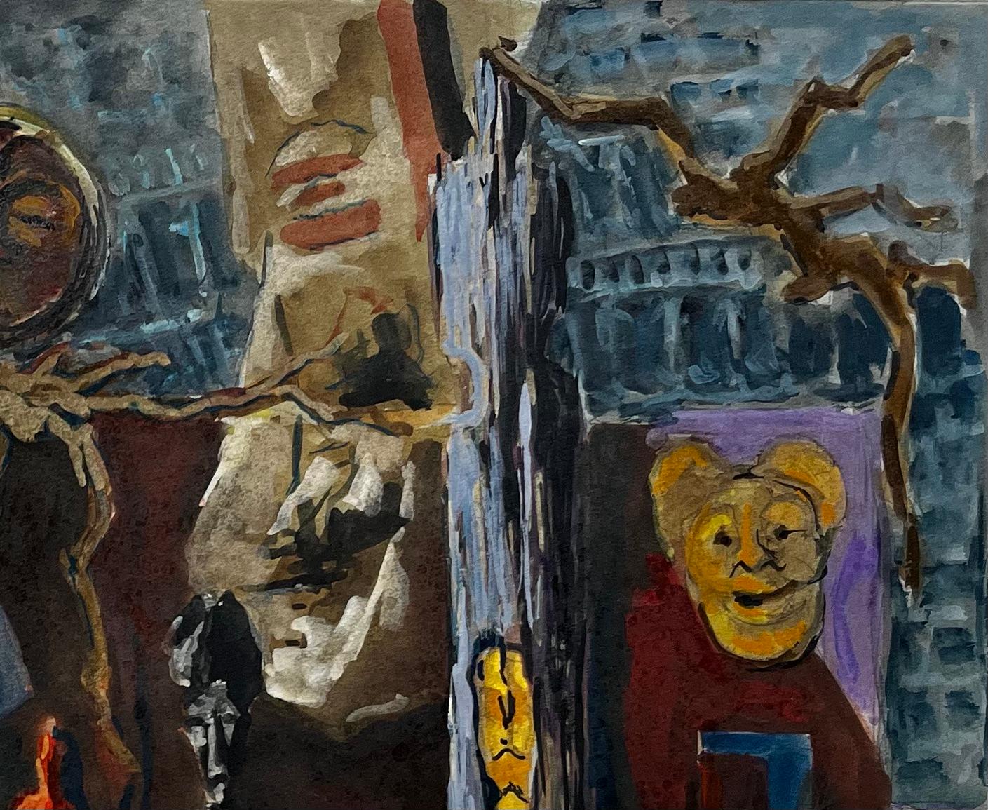 Nature morte moderniste française avec masques africains et formes sculpturales - Noir Abstract Painting par Guy Nicod