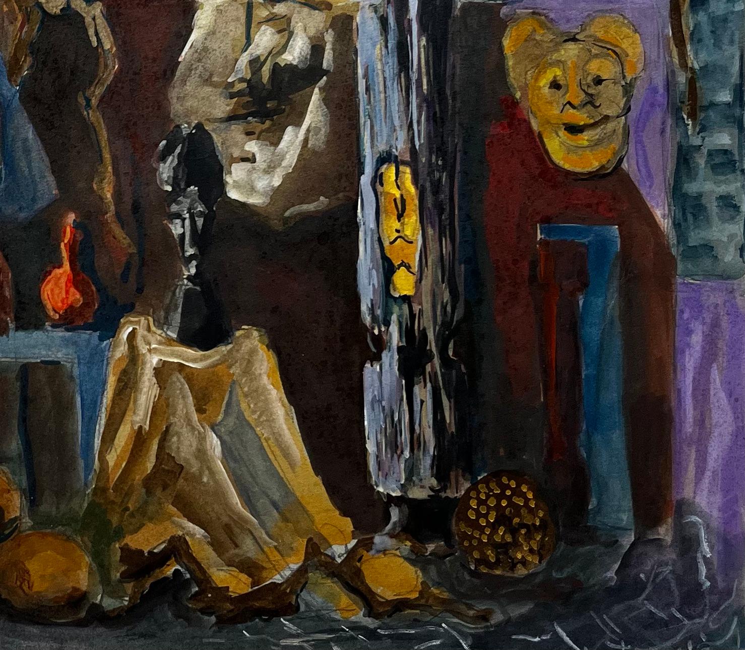 Titre : Nature morte moderniste française avec masques africains et formes sculpturales
Guy Nicod (français 1923 - 2021) 
Gouache sur papier d'artiste, non encadrée
Taille : 19.5 x 24 pouces (hauteur x largeur)
Provenance : Succession d'Artistics,