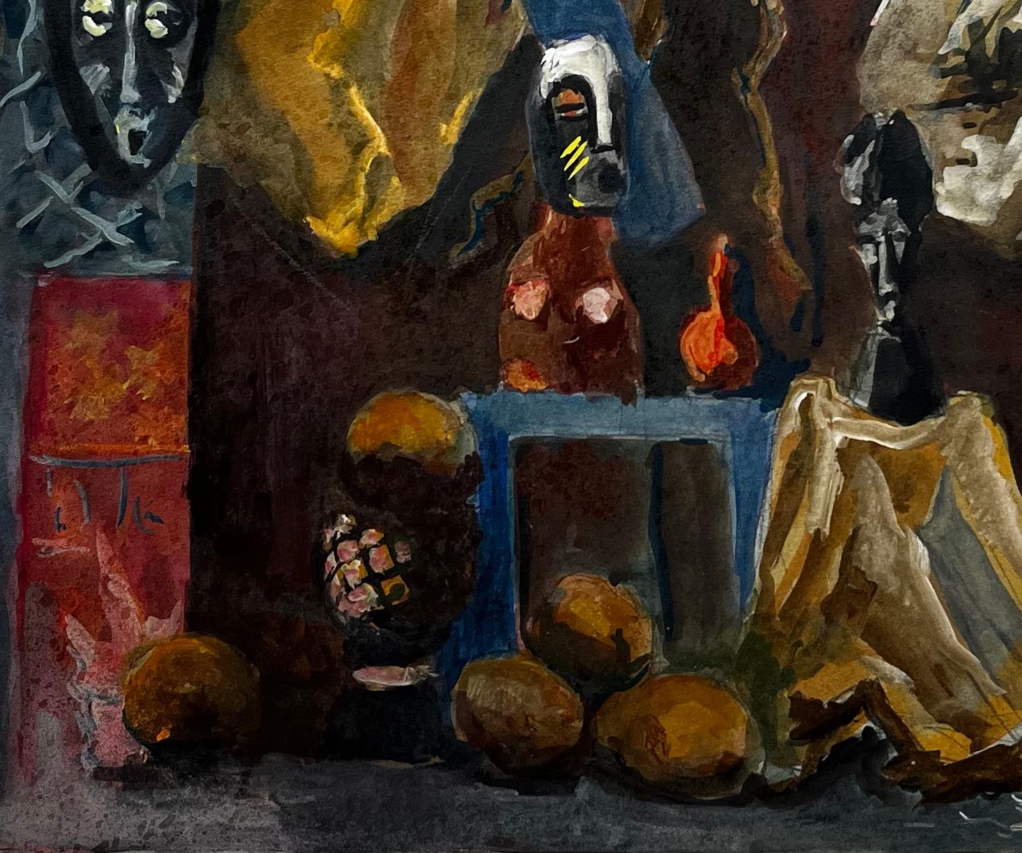 Nature morte moderniste française avec masques africains et formes sculpturales en vente 1