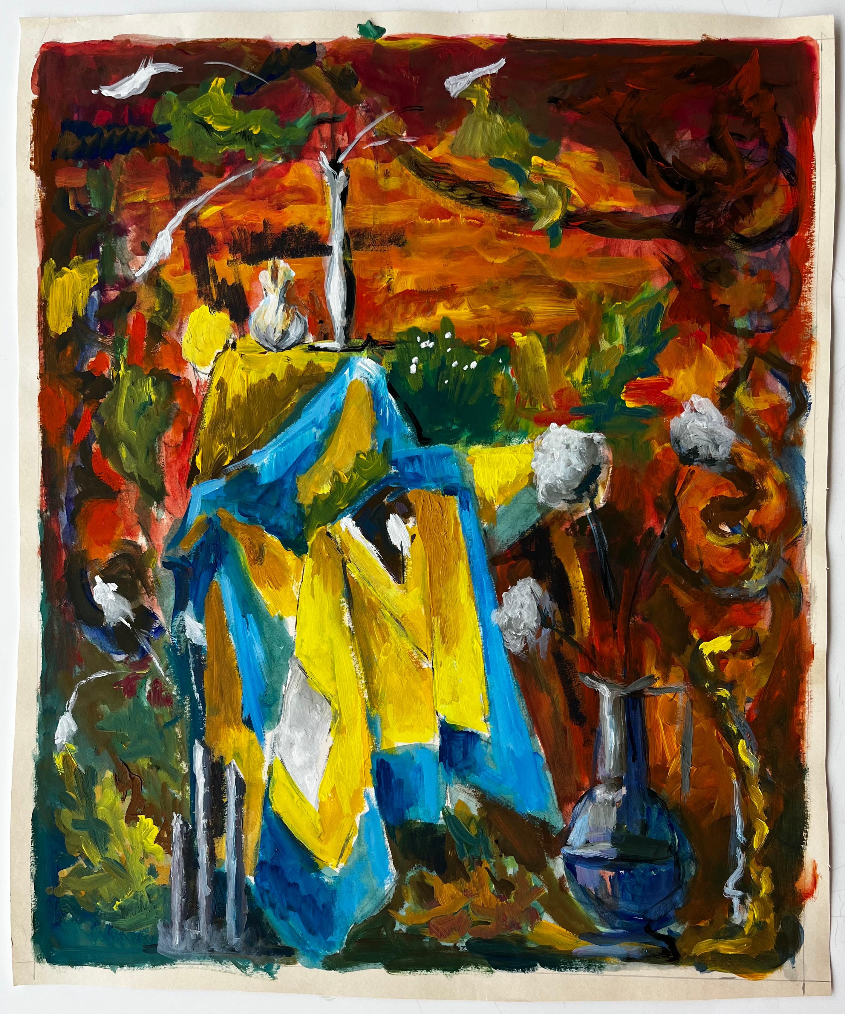 Französisches modernistisches Stillleben mit blauen und gelben Vorhängen und herbstlichem Hintergrund – Painting von Guy Nicod