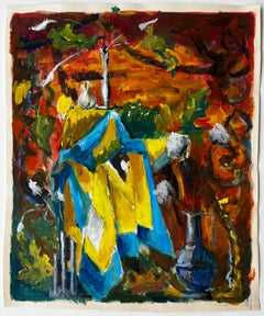 French Modernist Still Life with Blue and Yellow Drapes and Autumn Background