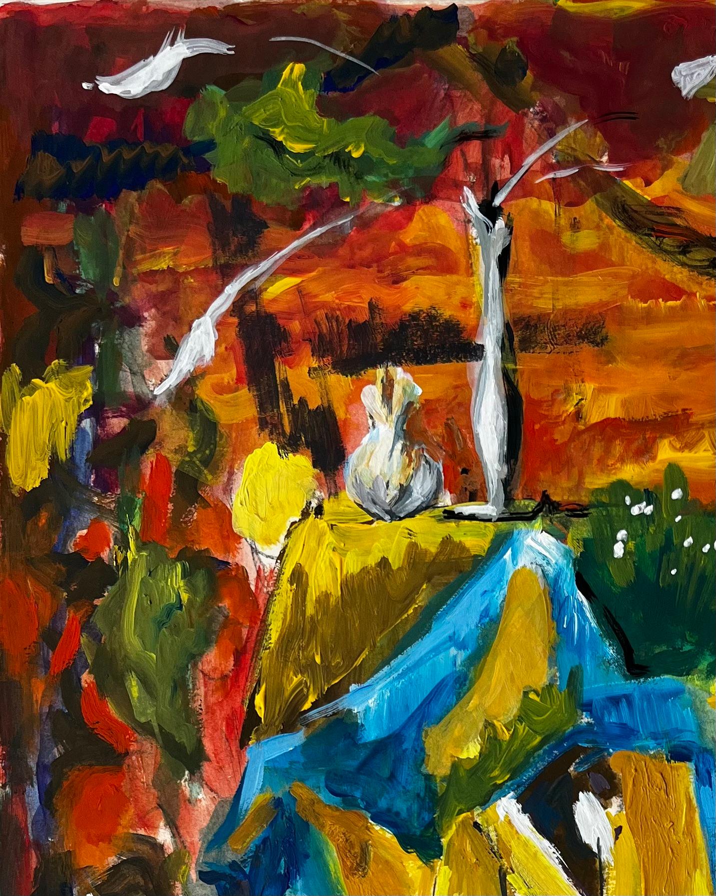 Französisches modernistisches Stillleben mit blauen und gelben Vorhängen und herbstlichem Hintergrund (Moderne), Painting, von Guy Nicod