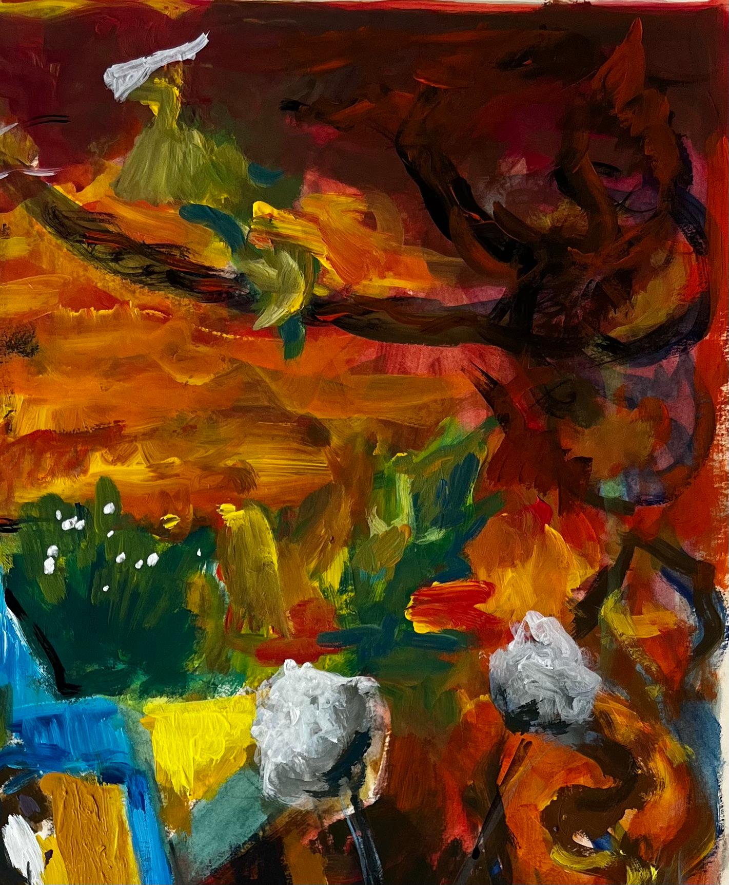 Französisches modernistisches Stillleben mit blauen und gelben Vorhängen und herbstlichem Hintergrund (Schwarz), Still-Life Painting, von Guy Nicod