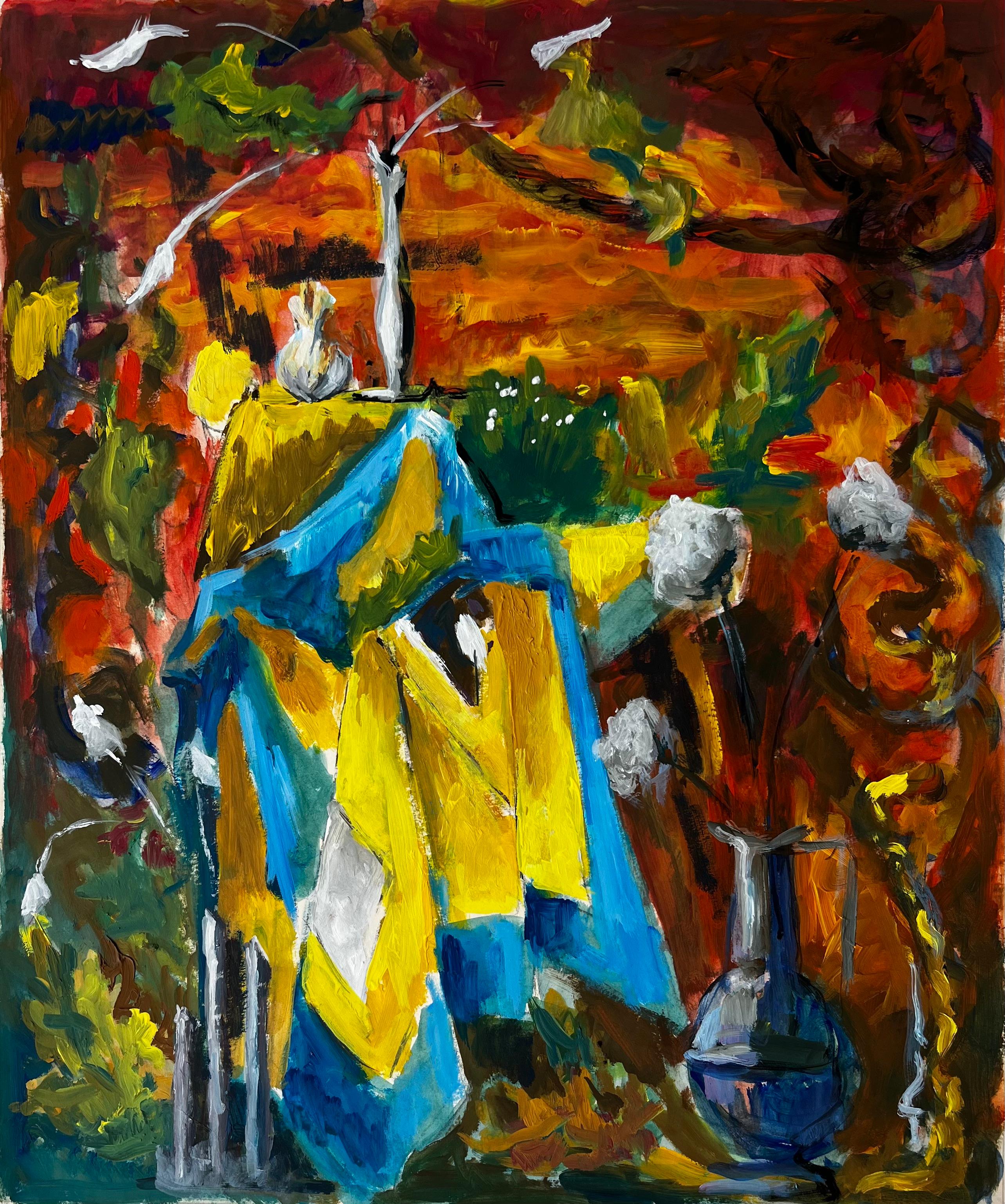 French Modernist Still Life with Blue and Yellow Drapes and Autumn Background