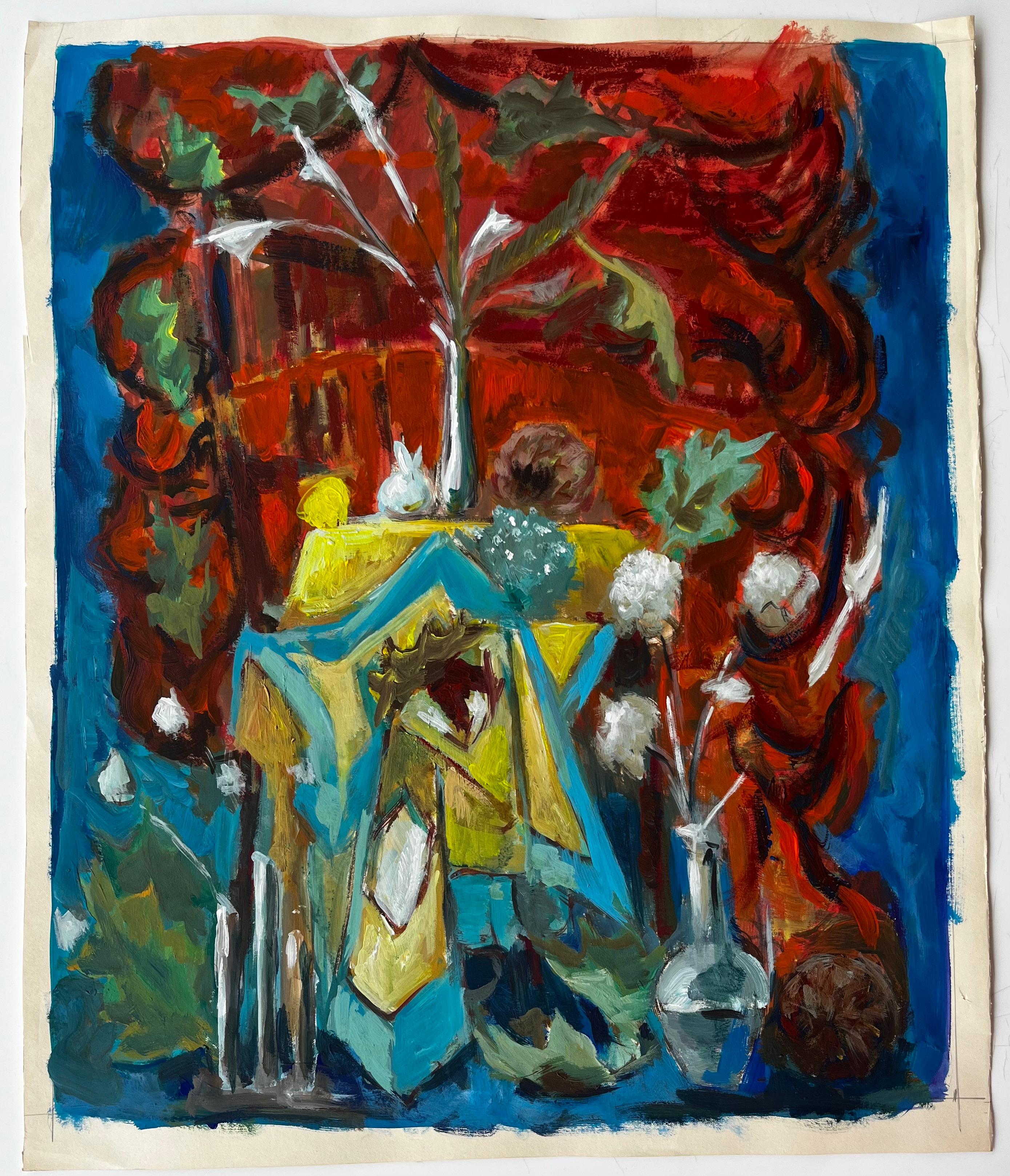 French Modernist Still Life with Blue and Yellow Drapes and Red Background – Painting von Guy Nicod
