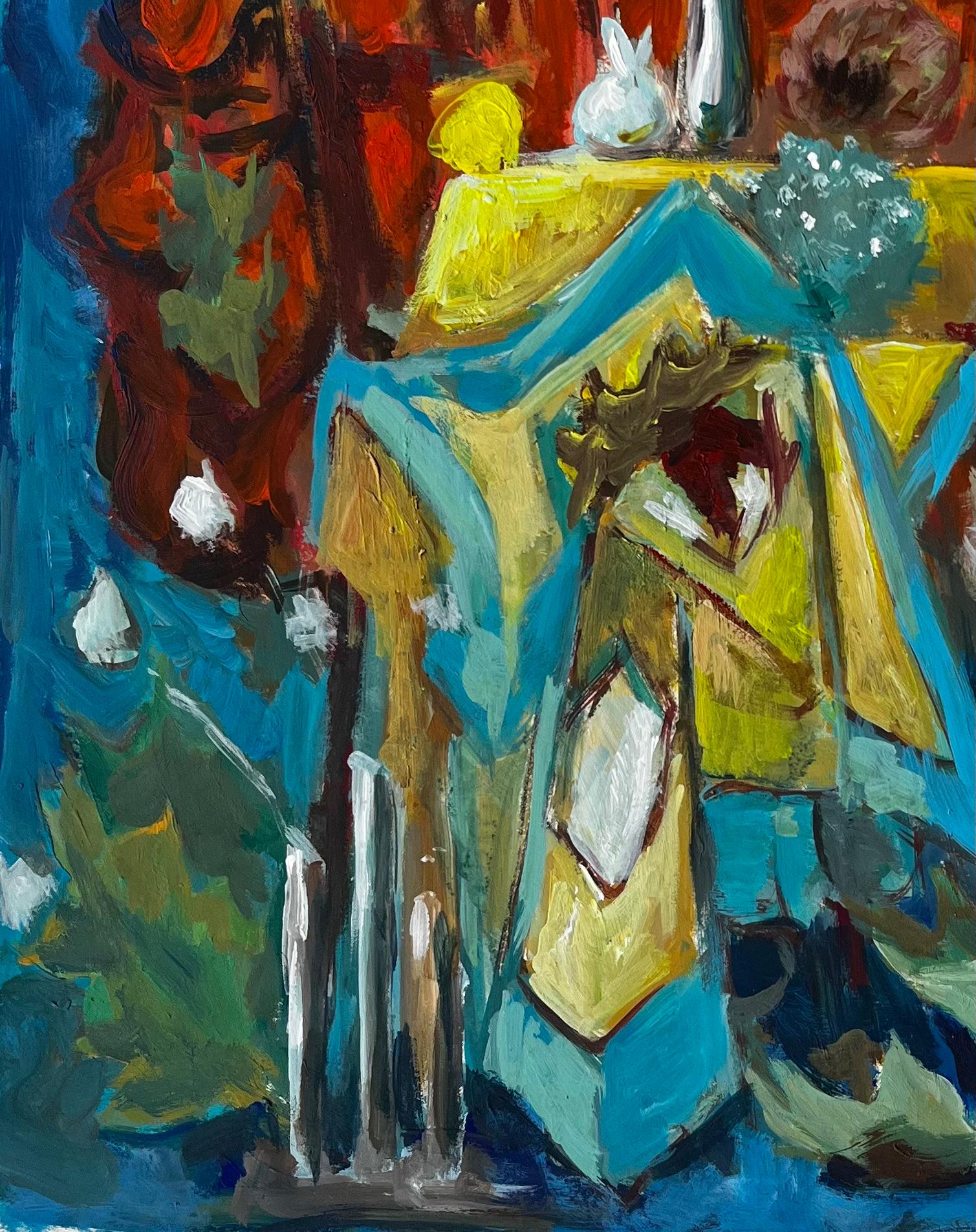 French Modernist Still Life with Blue and Yellow Drapes and Red Background (Moderne), Painting, von Guy Nicod