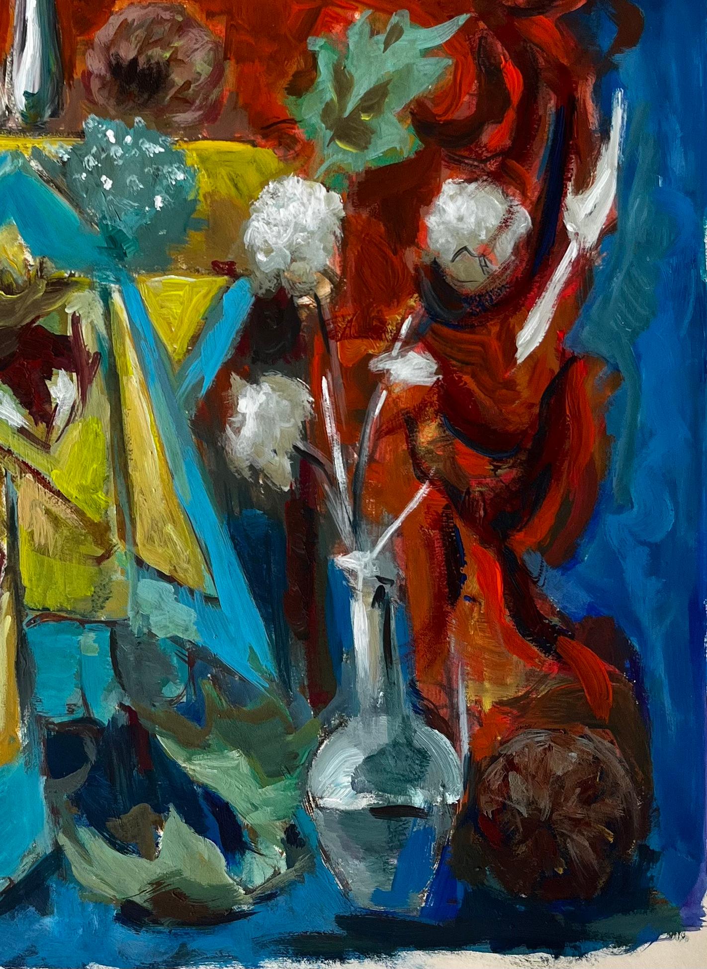French Modernist Still Life with Blue and Yellow Drapes and Red Background (Schwarz), Still-Life Painting, von Guy Nicod