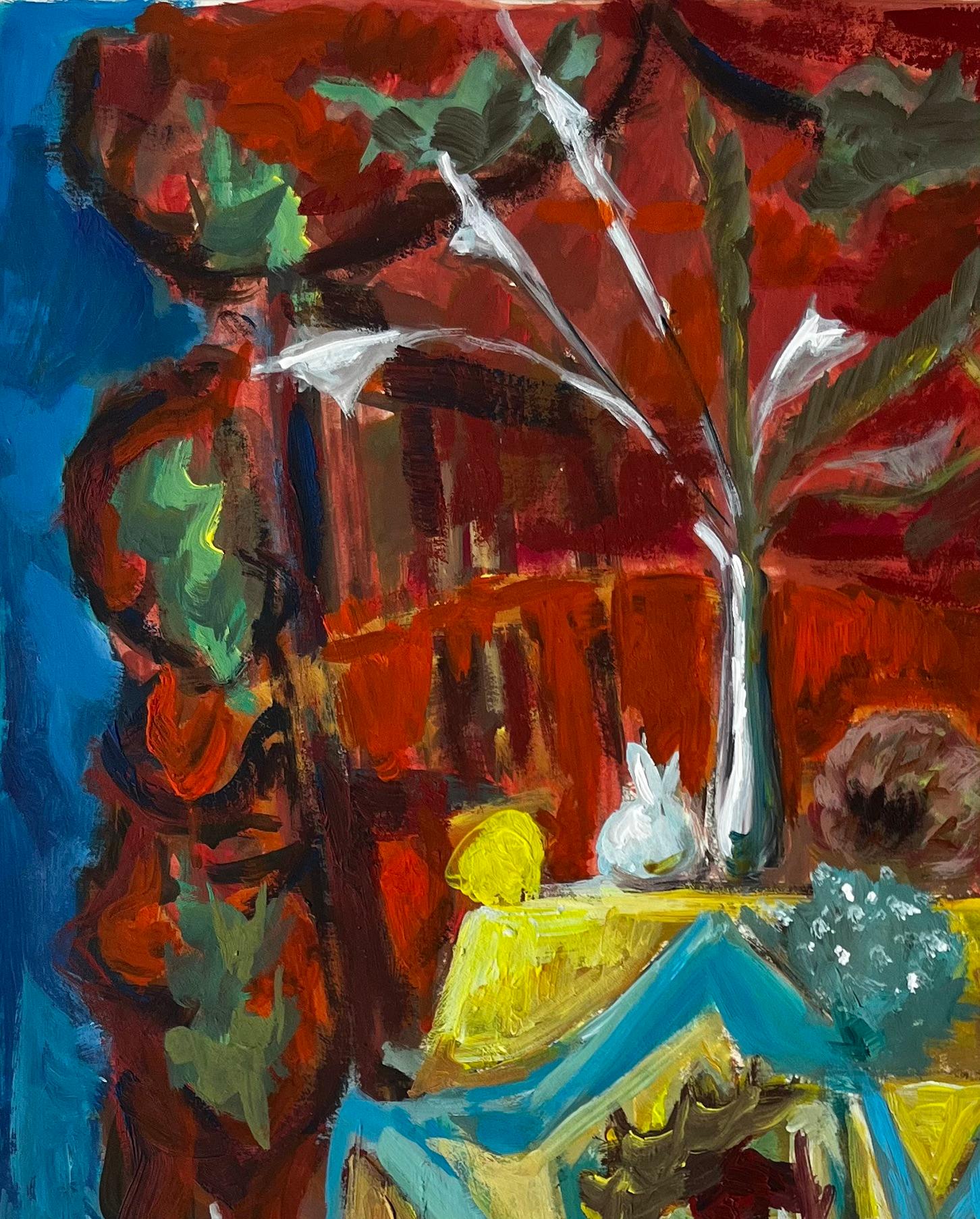 Title: French Modernist Still Life with Blue and Yellow Drapes and Red Background
Guy Nicod (French 1923 - 2021) 
Gouache on artist paper, unframed
Size: 23.25 x 19.5 inches (height x width)
Provenance: Artists estate, France
Condition: good overall