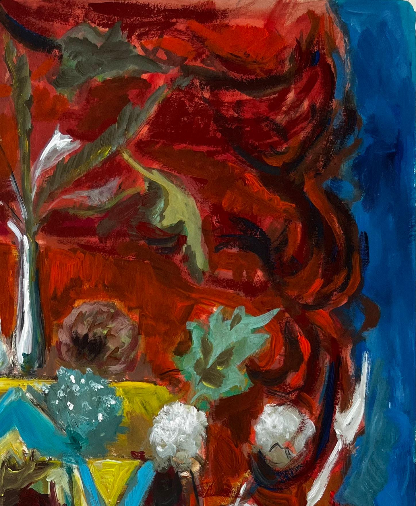 French Modernist Still Life with Blue and Yellow Drapes and Red Background im Angebot 1