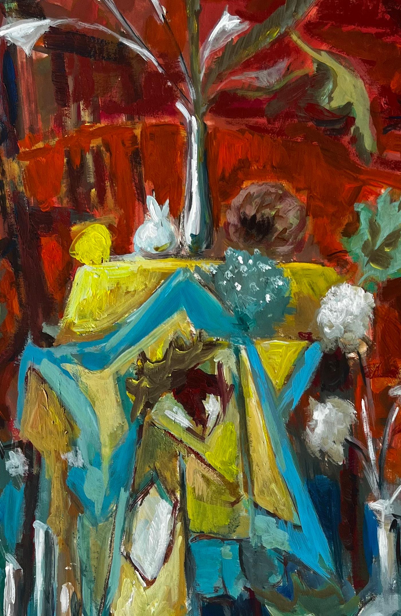 French Modernist Still Life with Blue and Yellow Drapes and Red Background im Angebot 2