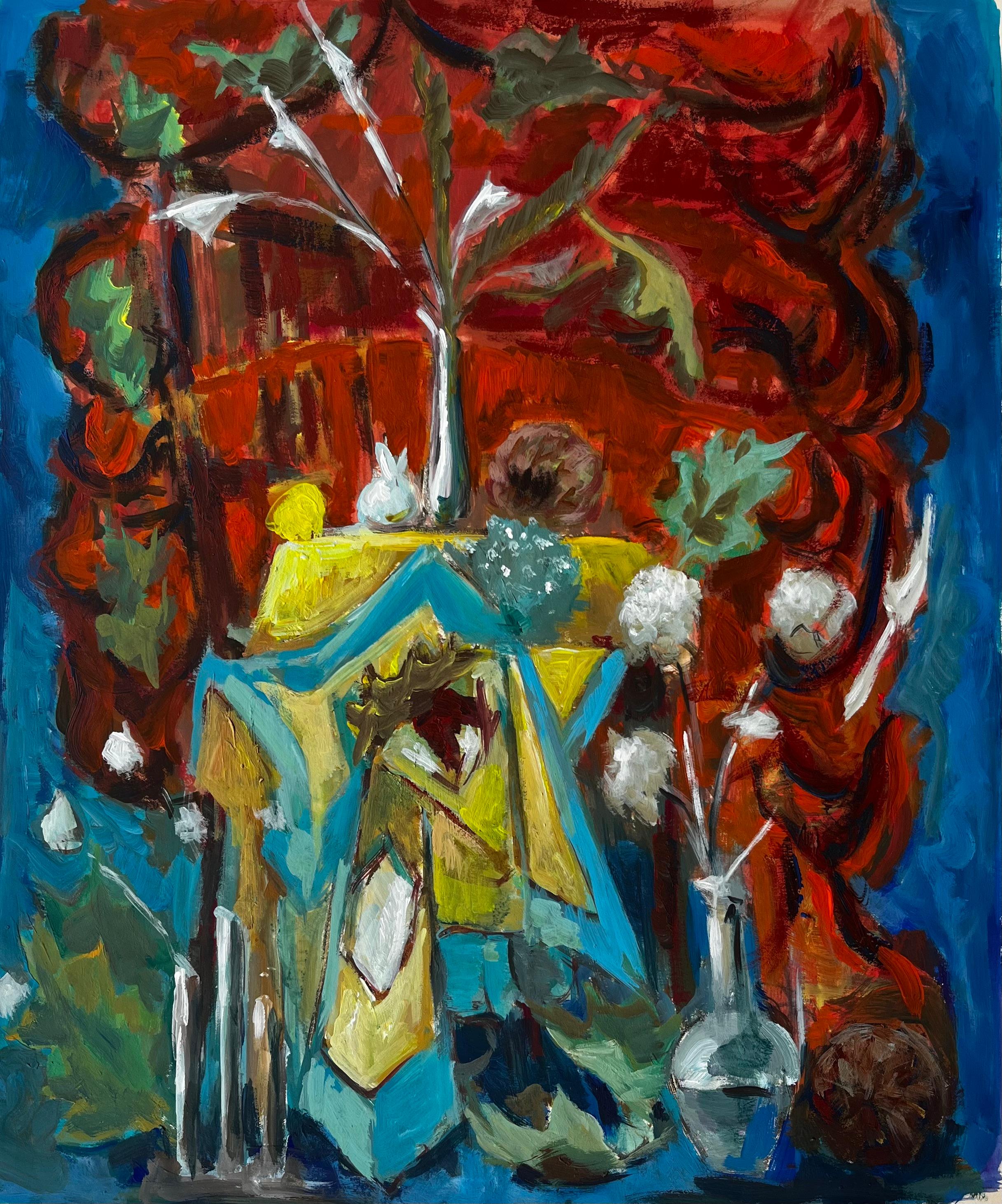 French Modernist Still Life with Blue and Yellow Drapes and Red Background