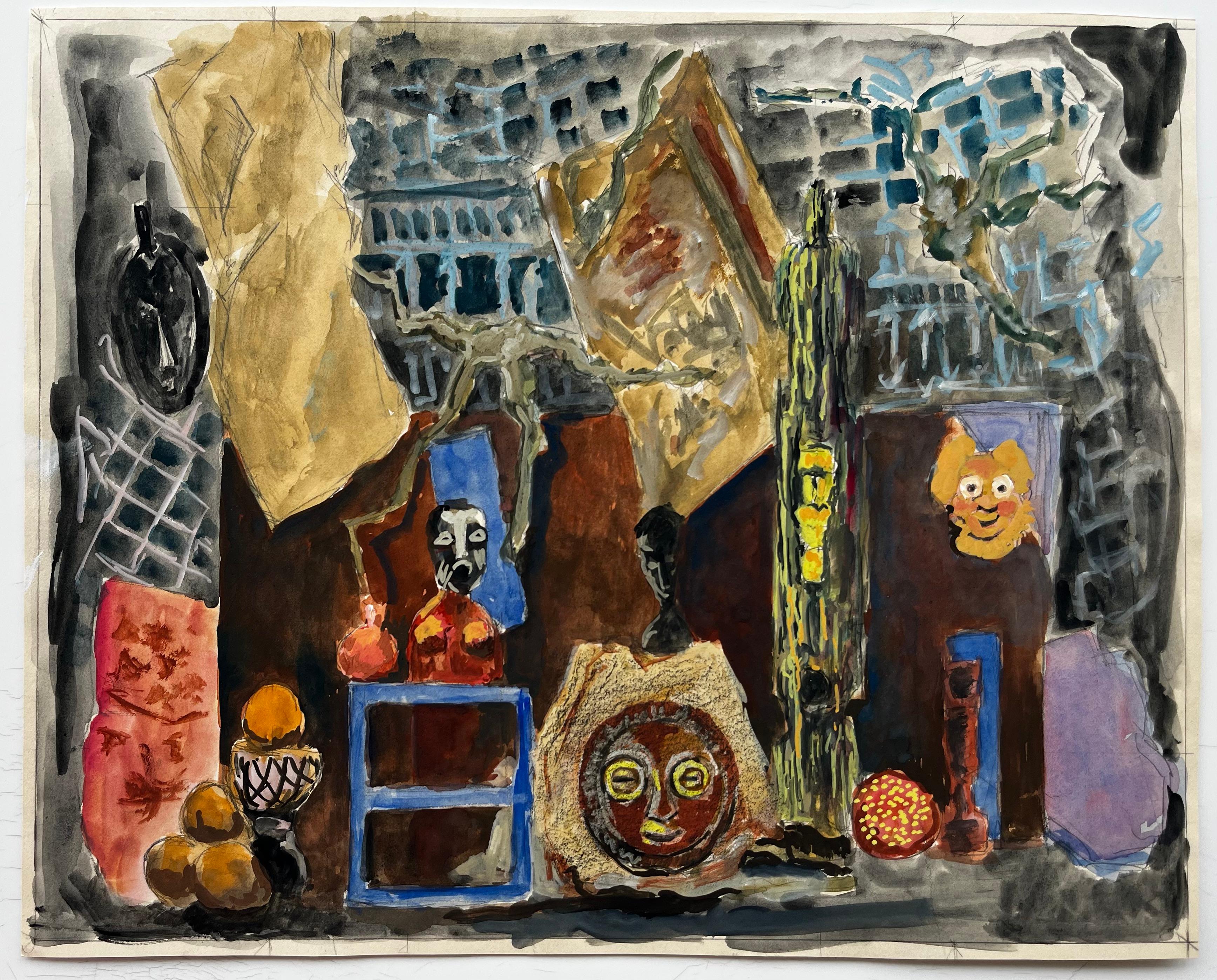French Modernist Still Life with Masks Figures and Draped Fabrics - Painting by Guy Nicod