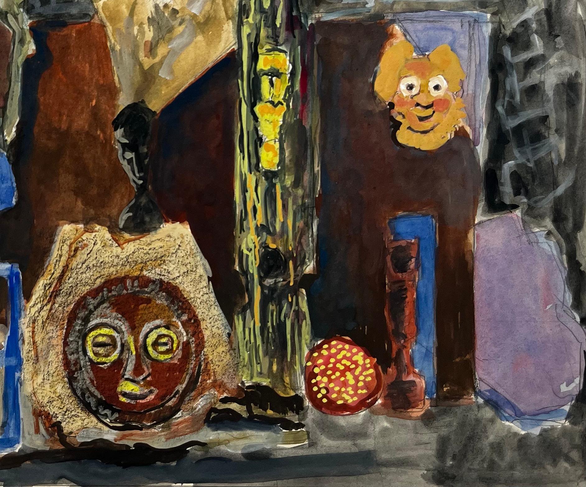 French Modernist Still Life with Masks Figures and Draped Fabrics - Black Abstract Painting by Guy Nicod