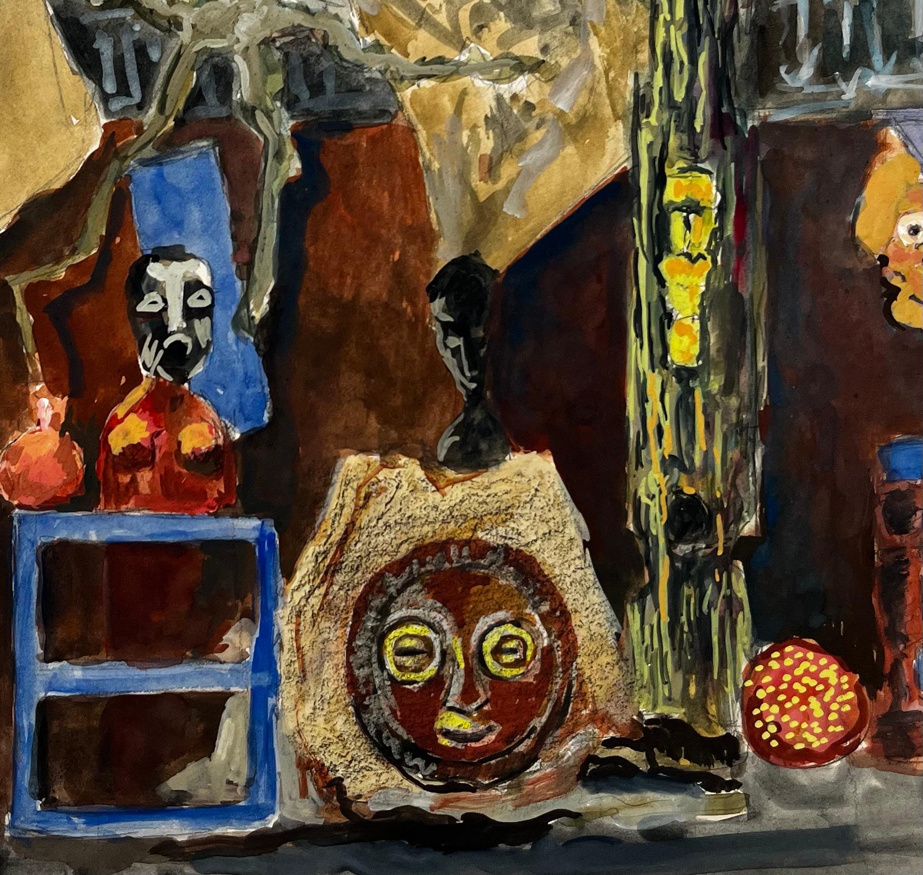 Title: French Modernist Still Life with Masks Figures and Draped Fabrics
Guy Nicod (French 1923 - 2021) 
Gouache on artist paper, unframed
Size: 15.25 x 19 inches (height x width)
Provenance: Artists estate, France
Condition: Good overall with light