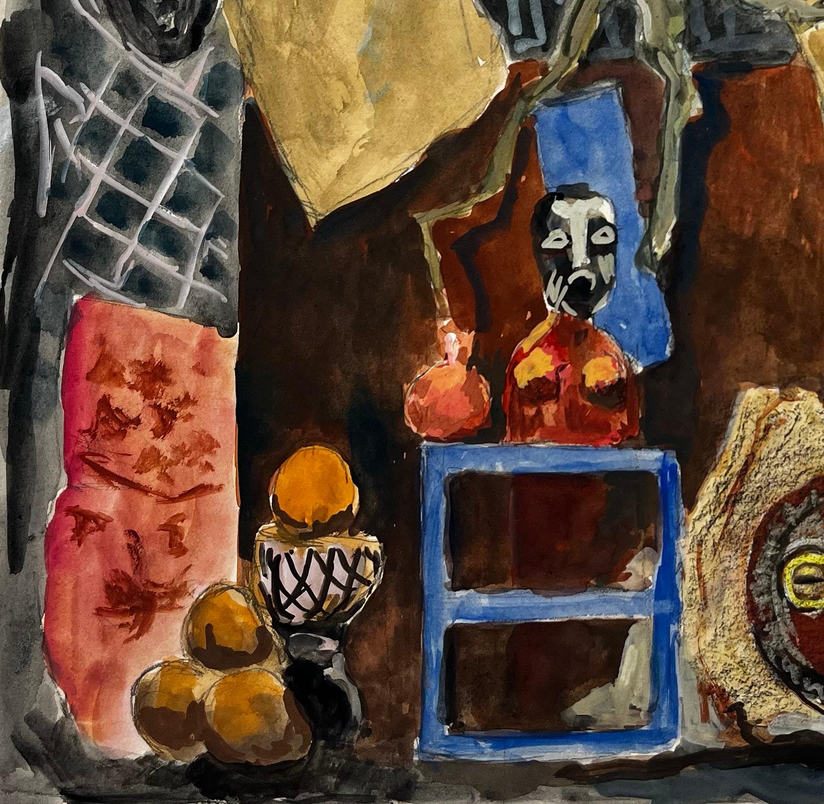 French Modernist Still Life with Masks Figures and Draped Fabrics For Sale 1