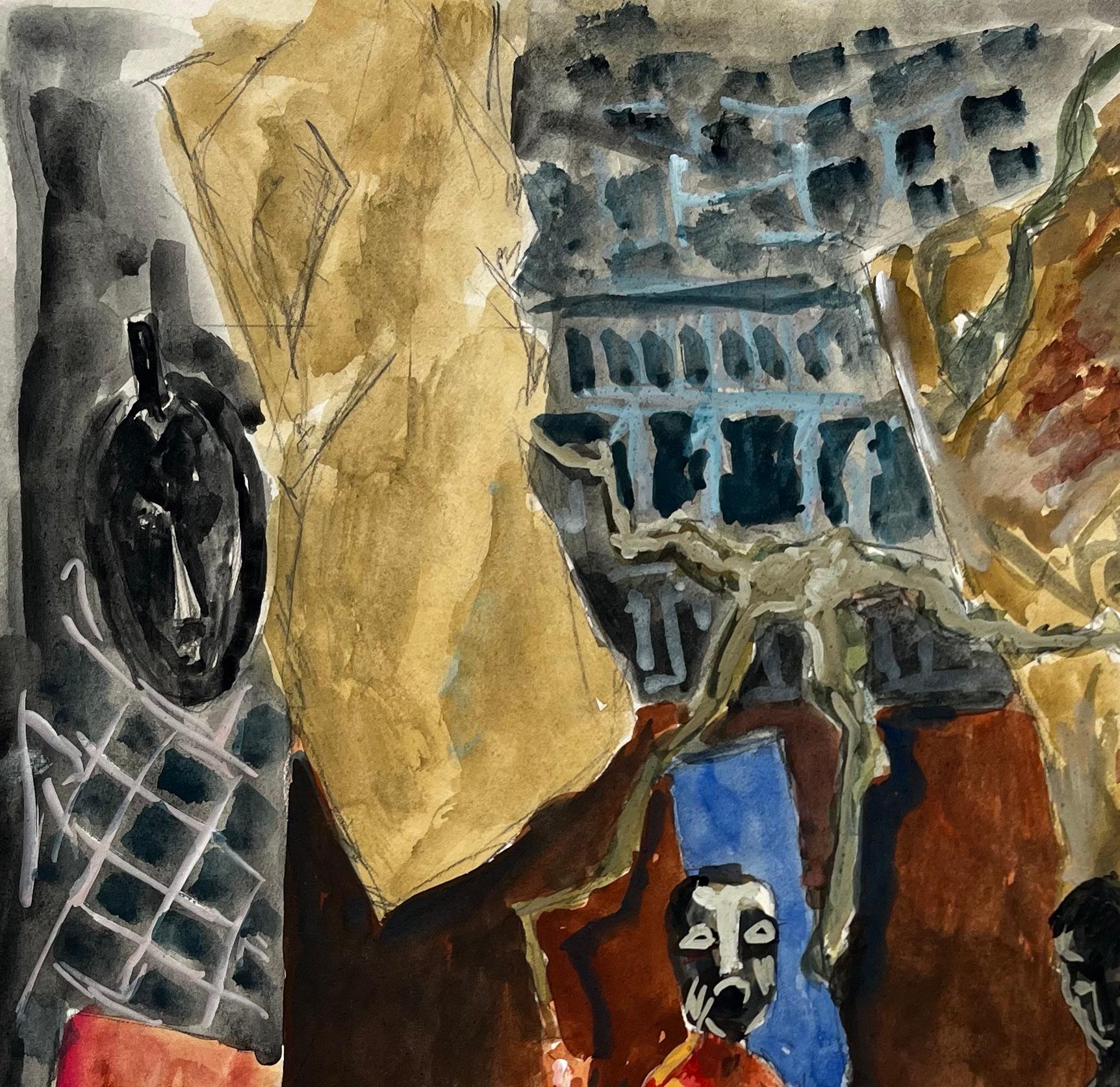French Modernist Still Life with Masks Figures and Draped Fabrics For Sale 2