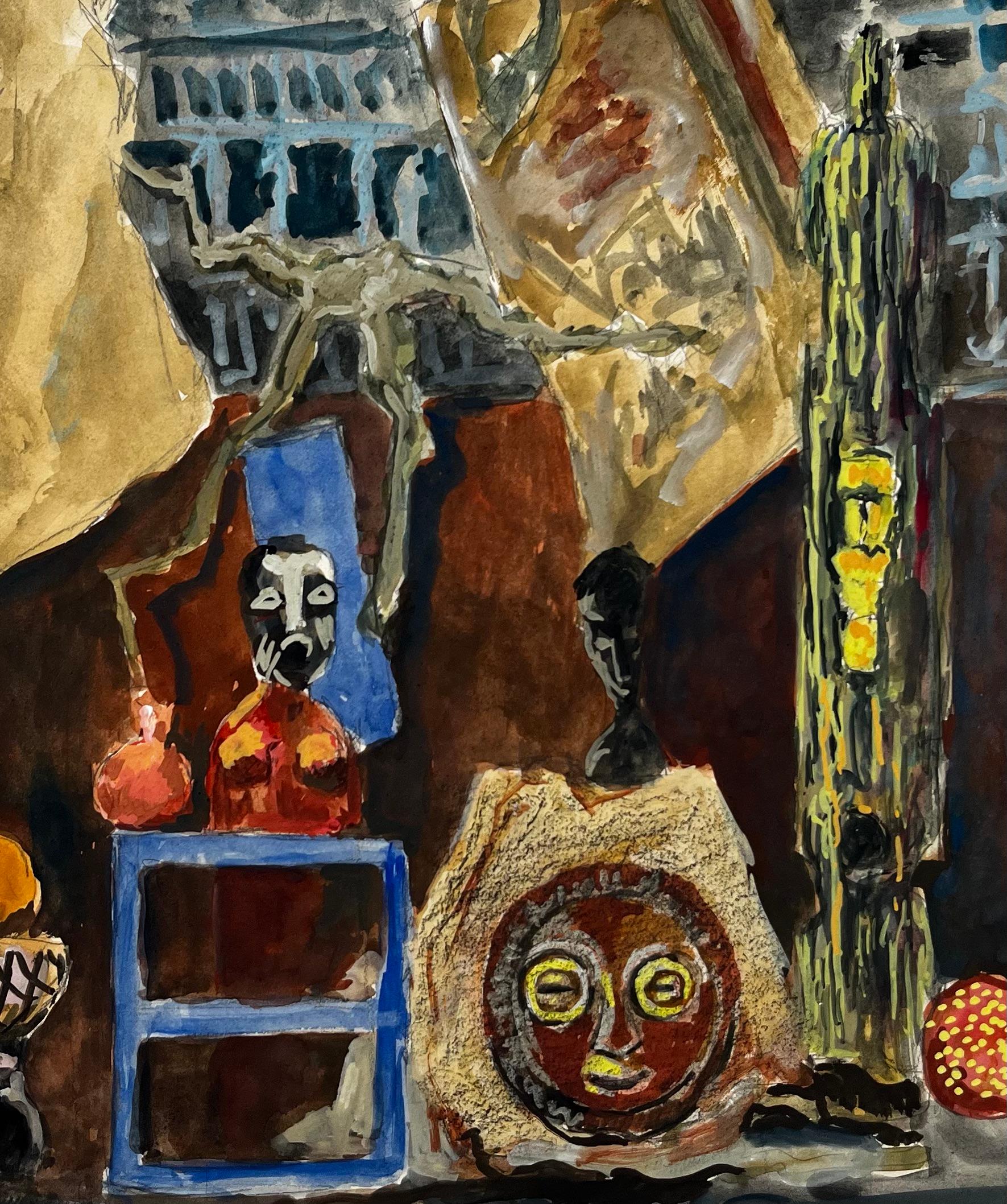French Modernist Still Life with Masks Figures and Draped Fabrics For Sale 4