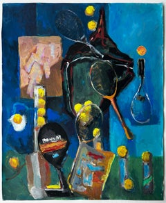 French Modernist Still Life with Tennis Rackets Balls and Sporting Equipment