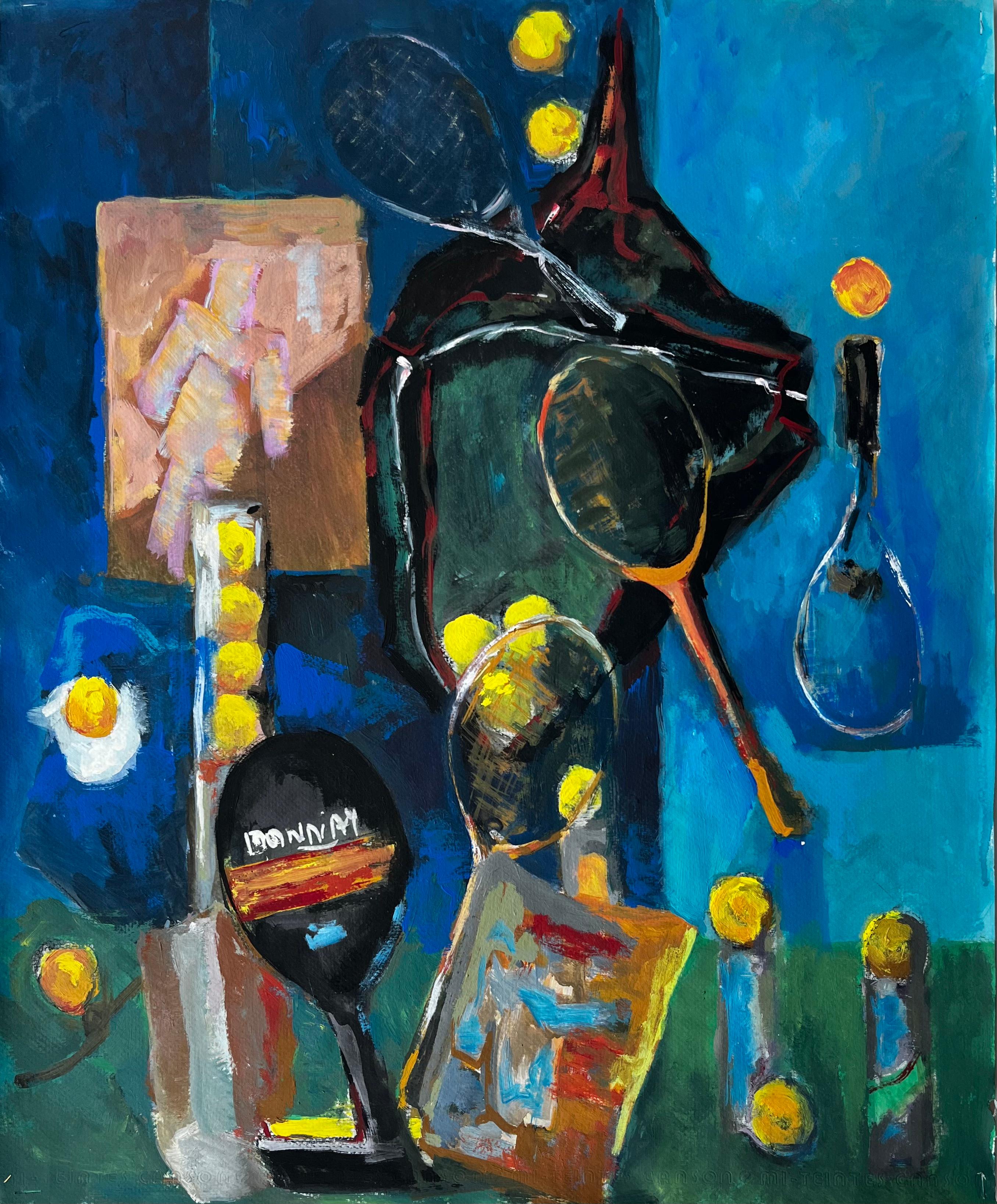 Still-Life Painting di Guy Nicod - Natura morta modernista francese con racchette da tennis, palline e attrezzature sportive