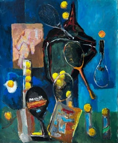 French Modernist Still Life with Tennis Rackets Balls and Sporting Equipment
