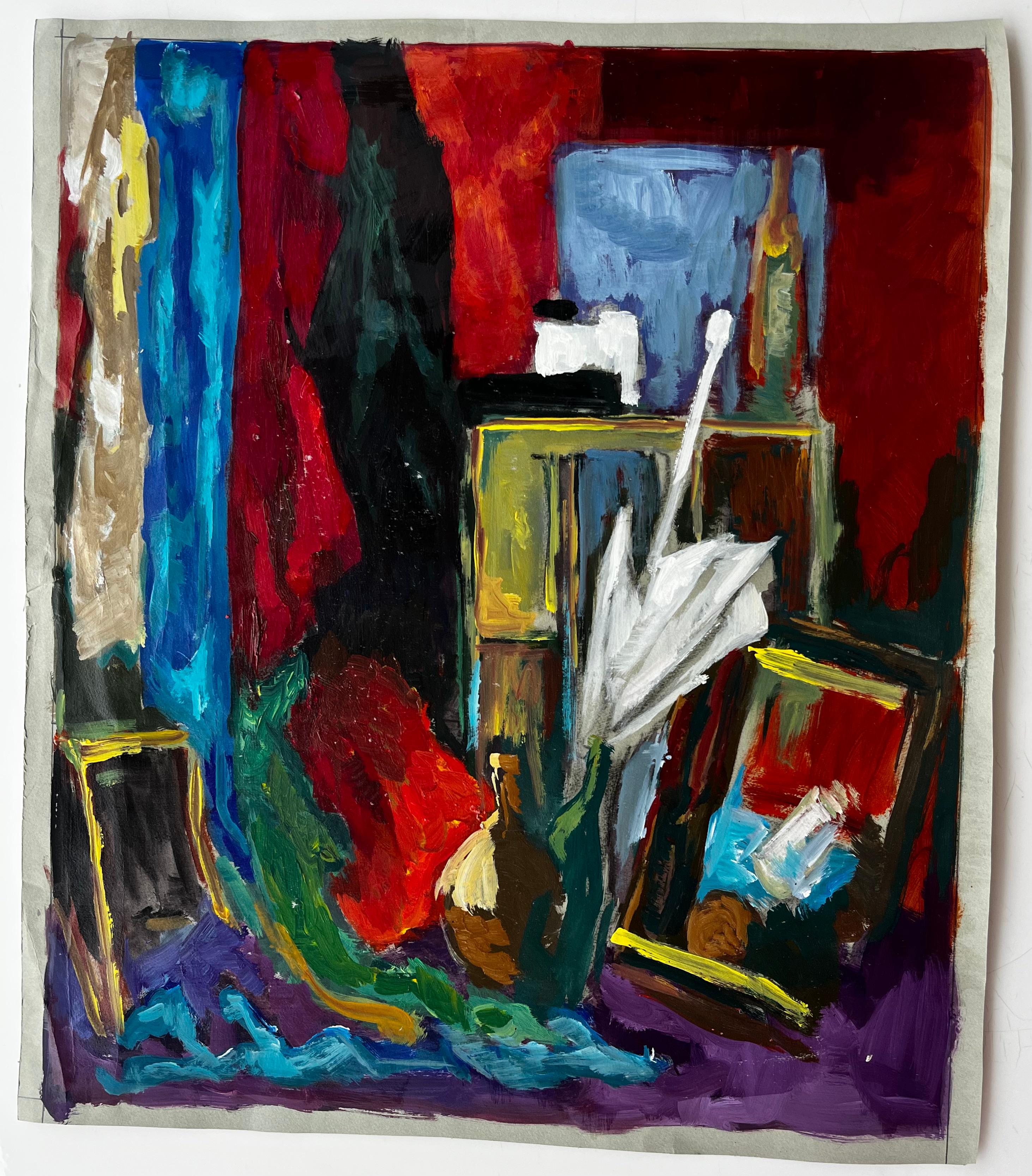 Französisch Öl Modernist Stillleben Interieur mit Draperie und Bilderrahmen – Painting von Guy Nicod