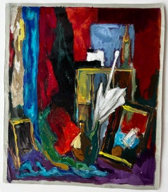 French Oil Modernist Still Life Interior with Drapery and Picture Frames