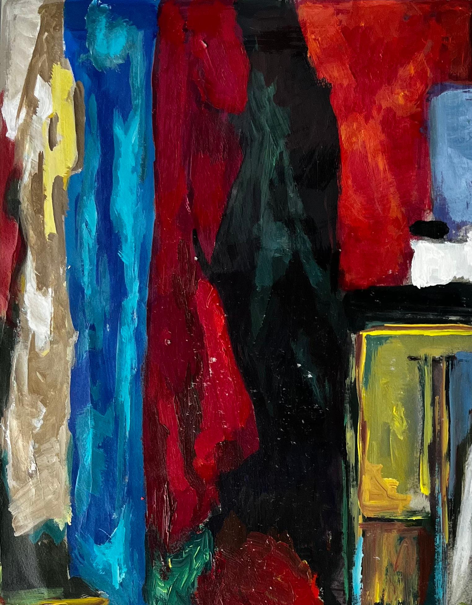 Französisch Öl Modernist Stillleben Interieur mit Draperie und Bilderrahmen (Moderne), Painting, von Guy Nicod